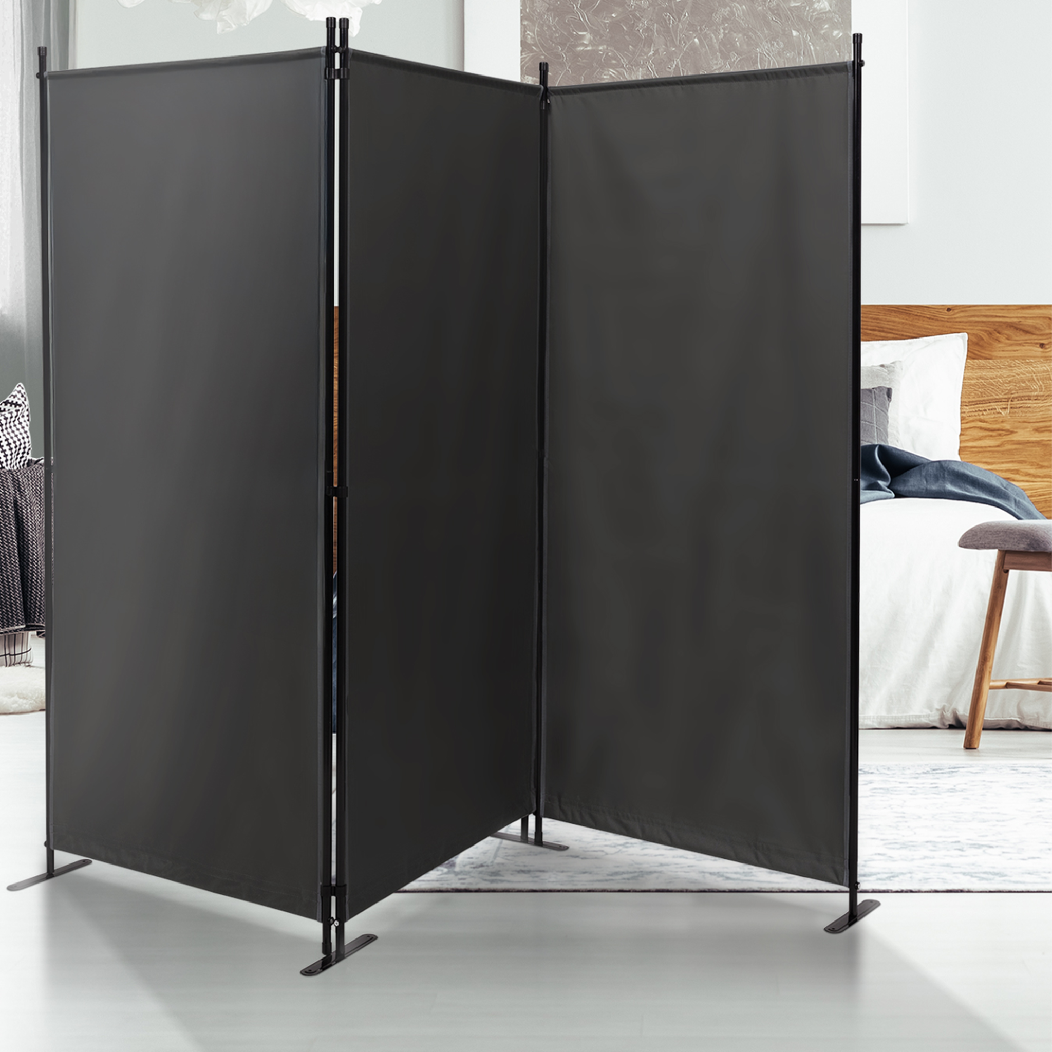 Voir la diapositive 3 : ID MARKET Paravent intérieur et extérieur sur pieds 3 panneaux 250 x 180 cm gris anthracite séparateur store latéral