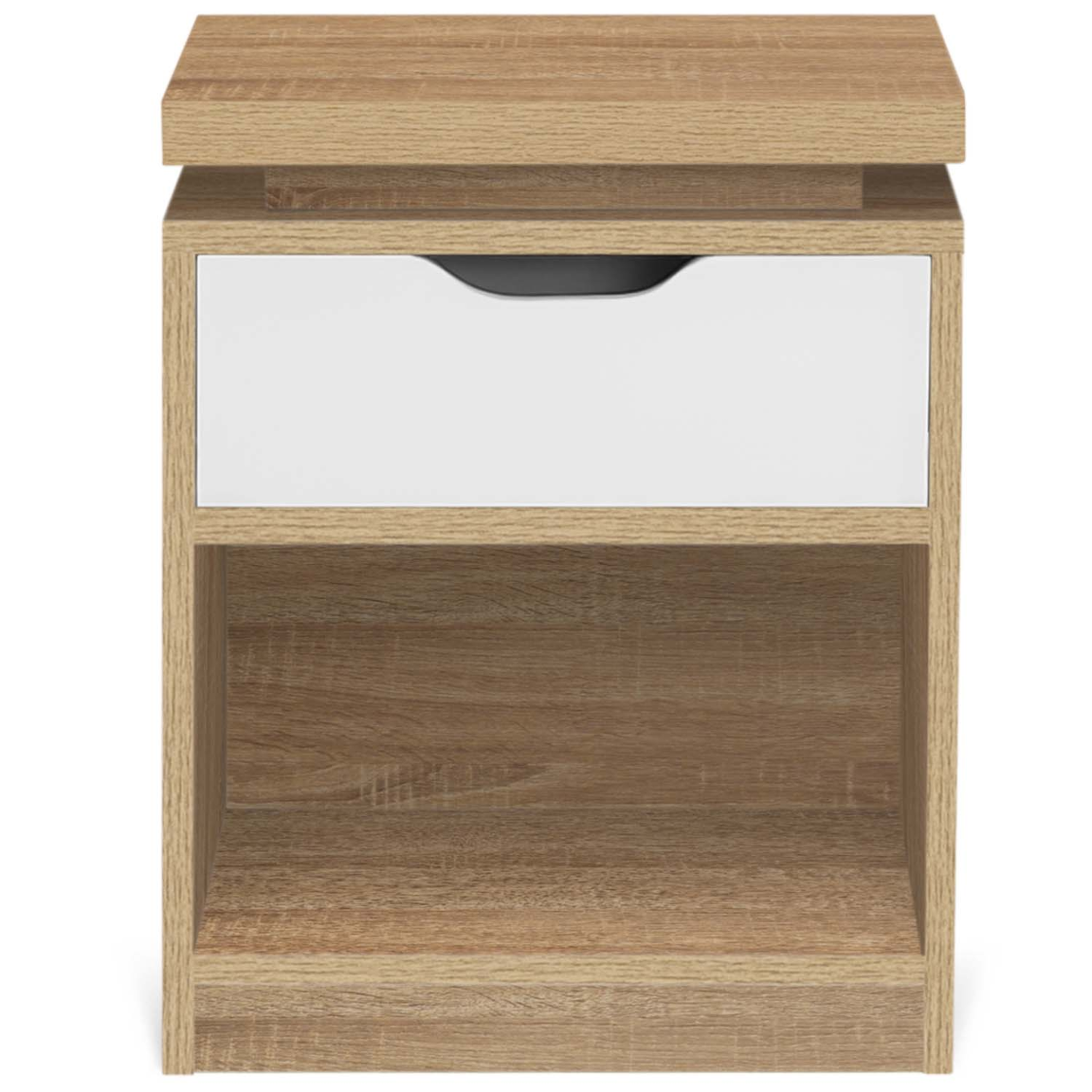 Voir la diapositive 3 : ID MARKET Lot de 2 tables de chevet luna à leds 1 tiroir avec niche hêtre et blanc