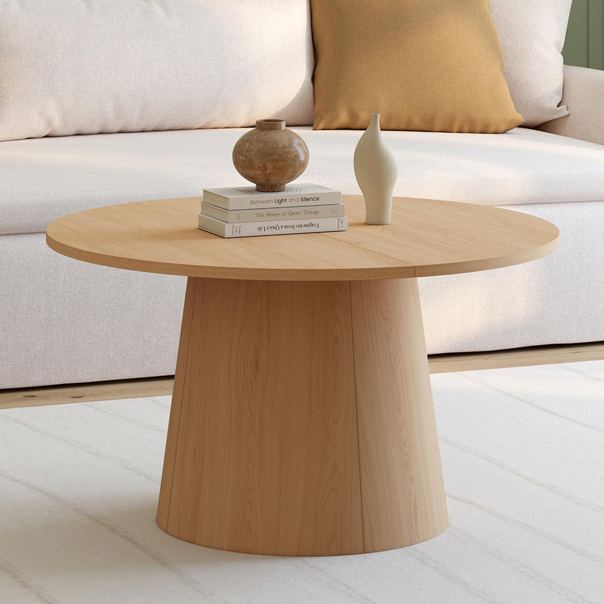 Voir la diapositive 2 : ID MARKET Table basse ronde angele 70 cm pied central bois effet hêtre