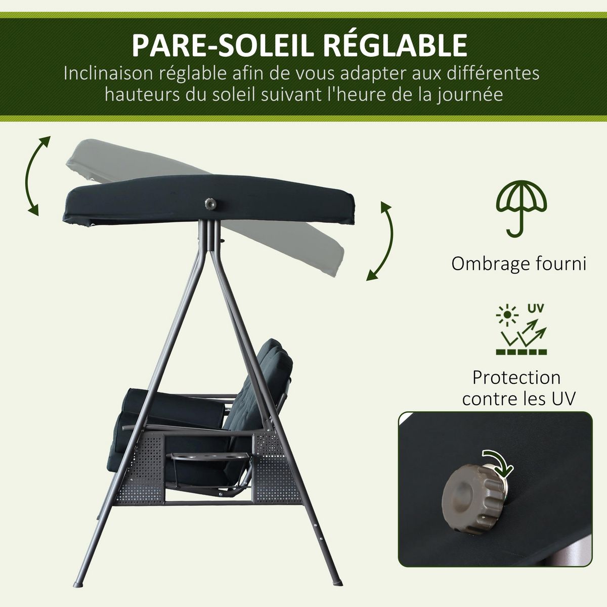 OUTSUNNY Balancelle de jardin 3 places grand confort toit inclinaison réglable coussins plateaux rétractables polyester filé noir