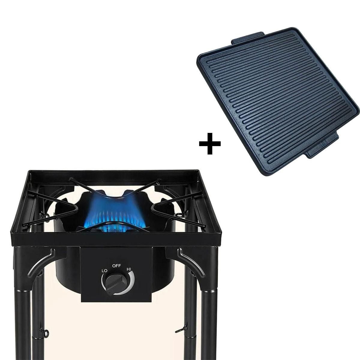 INTEC Réchaud à Gaz 1 feu Barbecue grill 4,5kW 2en1 Bruleur fonte + Plaque Grill Fonte 40×40cm 3 hauteurs modulables Piezo INTEC