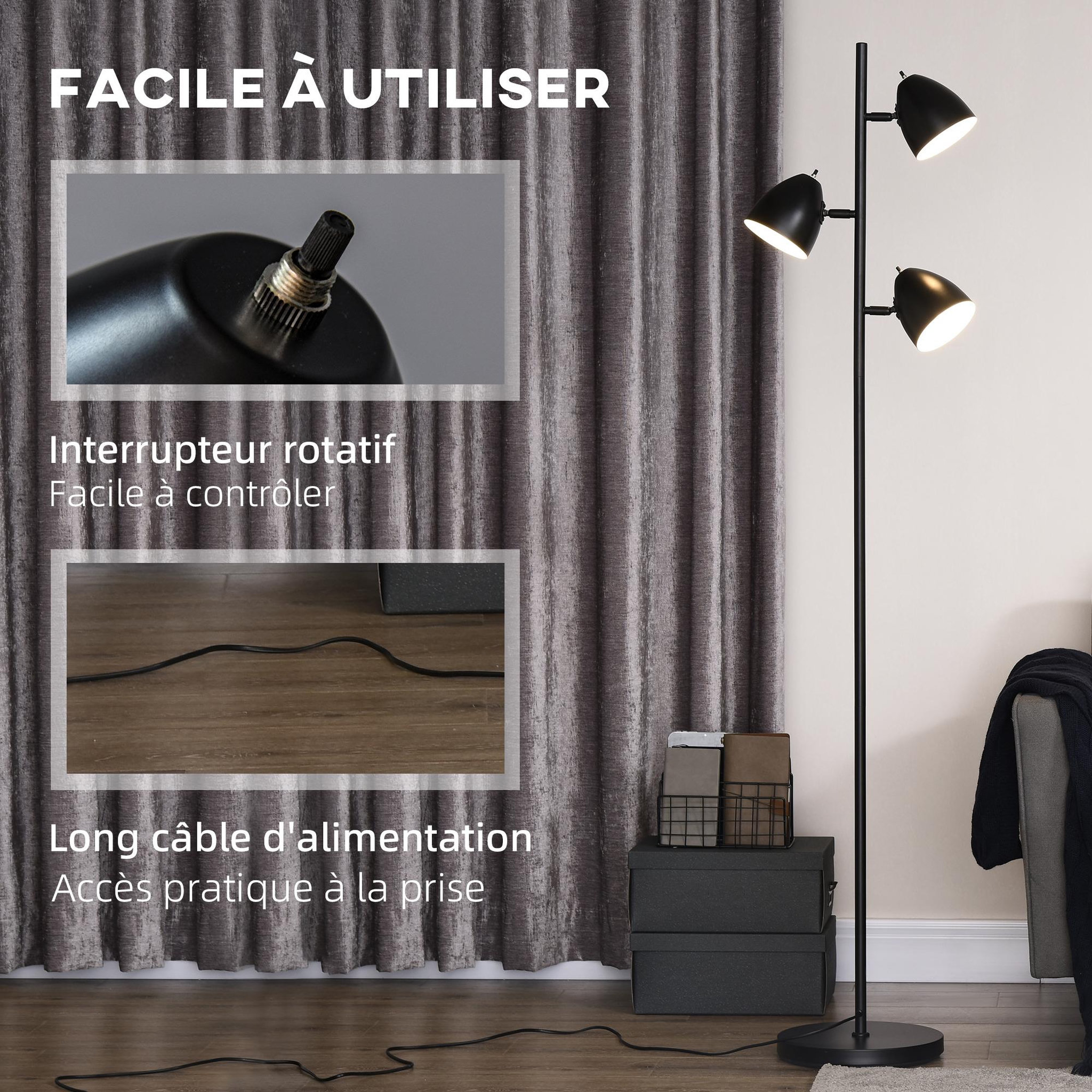 Voir la diapositive 6 : HOMCOM Lampadaire design industriel 3 ampoules max. 40 w abats-jours orientables acier noir