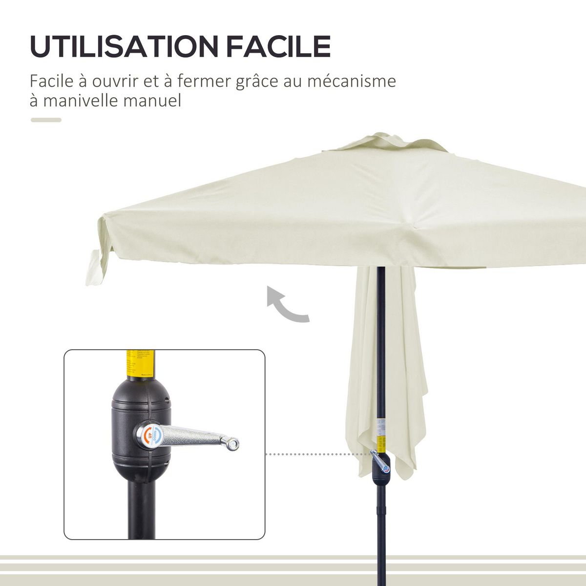 OUTSUNNY Demi parasol - parasol de balcon 5 entretoises métal dim. 2,3L x 1,3l x 2,49H m polyester haute densité crème