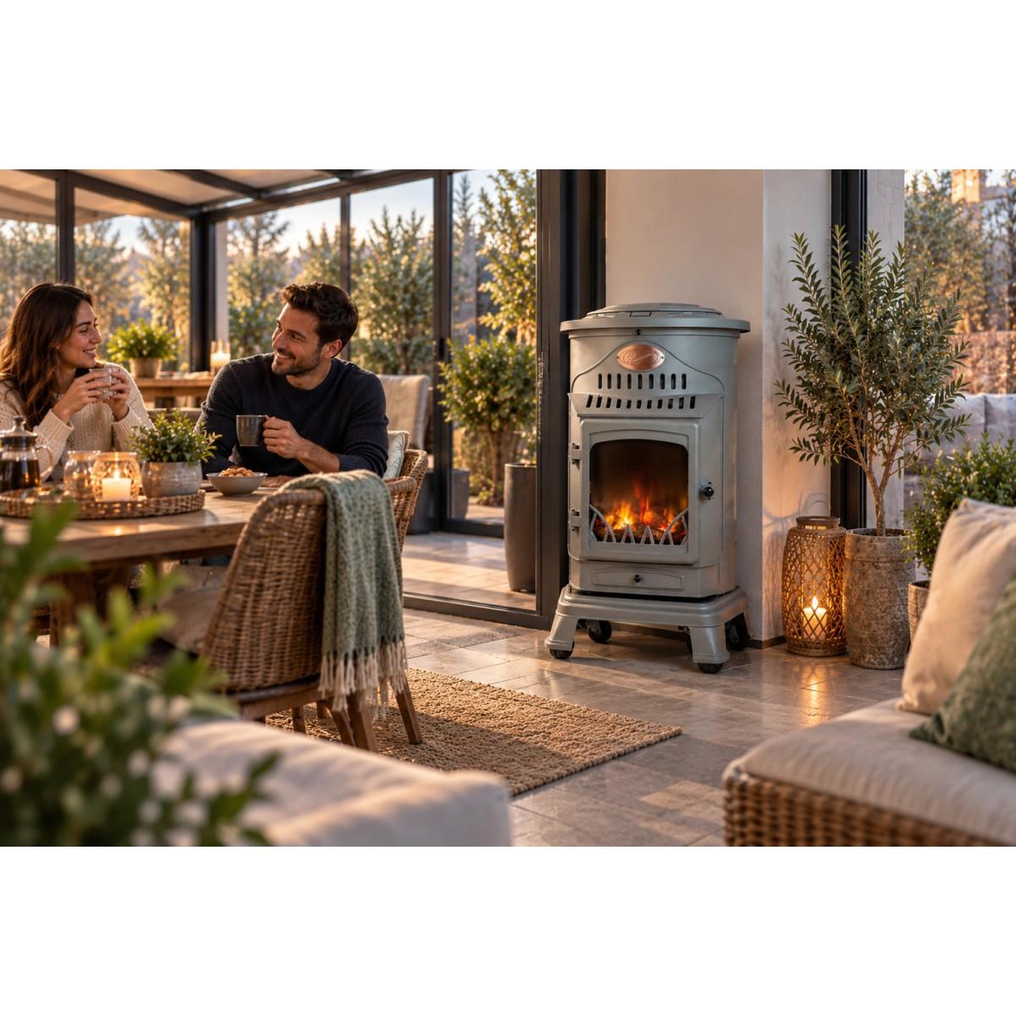 Voir la diapositive 2 : SAHARA Pack de 2 poêles à gaz Provence gris 3,4 kW en Fonte Effet feu de bois Chauffage d'appoint sur roulettes Sahara