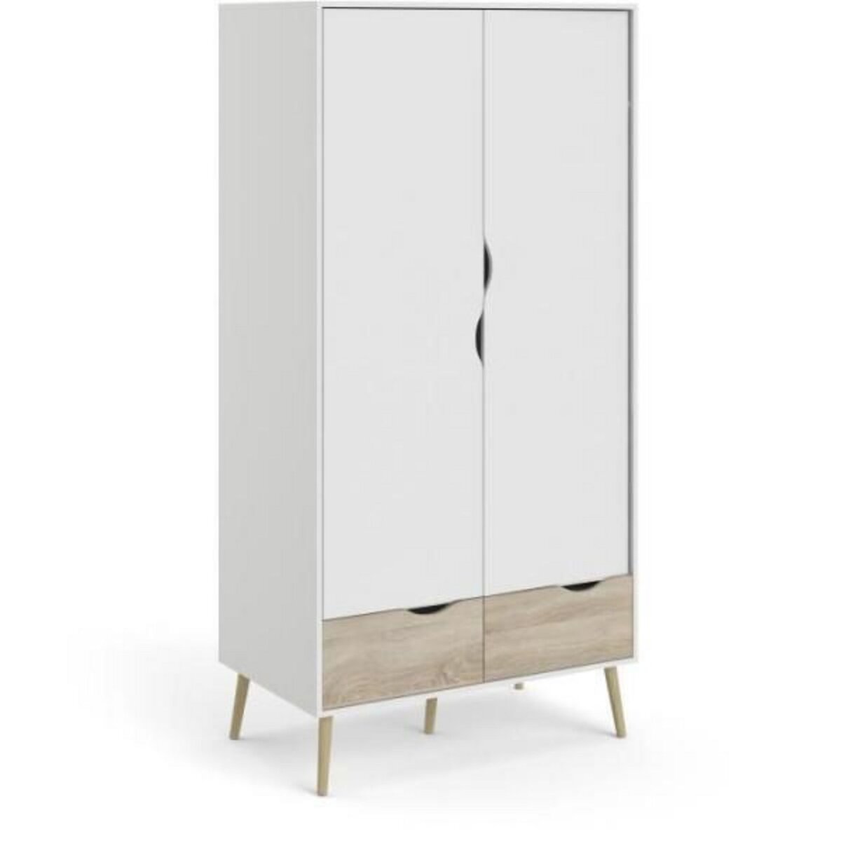 TVILUM Armoire - Blanc / Chene - 2 portes / 2 tiroirs - Pietement évasé en bois massif - Chambre - 98,7 x 58,1 x 200,1 cm ARO