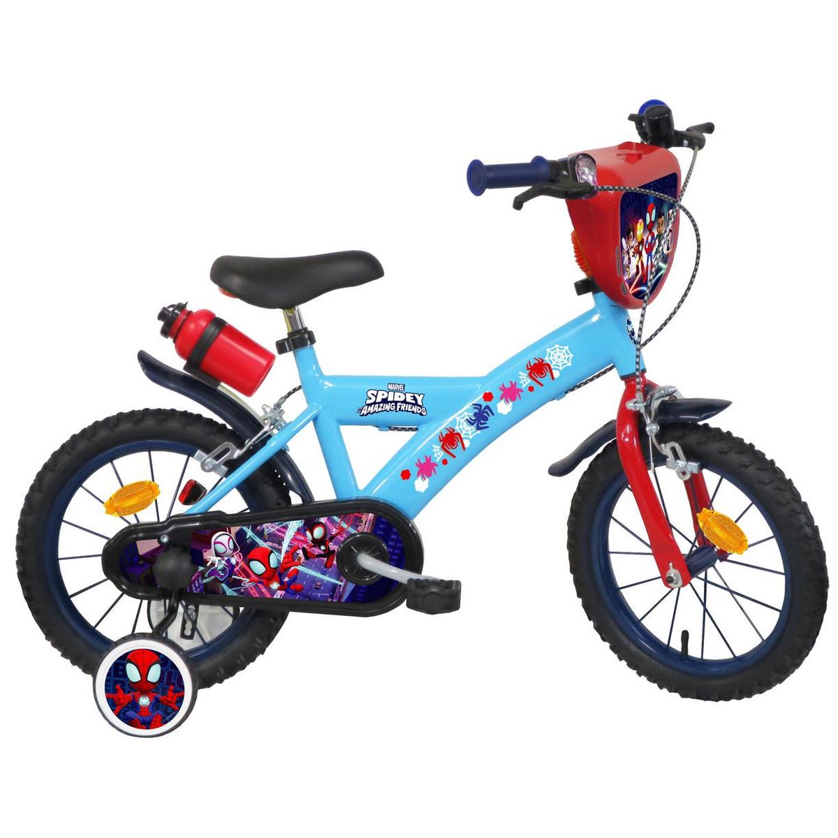 Vélo enfant - Modèle 14'' Spidey et ses amis pour enfant de 95/110 cm avec stabilisateurs  - Plaque décorative avant - Porte bidon - 2 freins