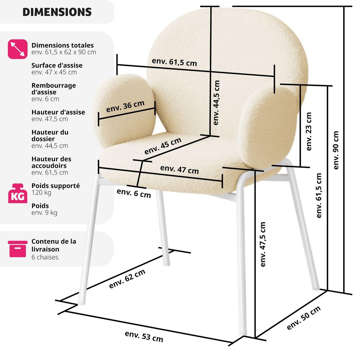 tectake Chaise rembourrée avec revêtement en tissu bouclette crème Lot de 6