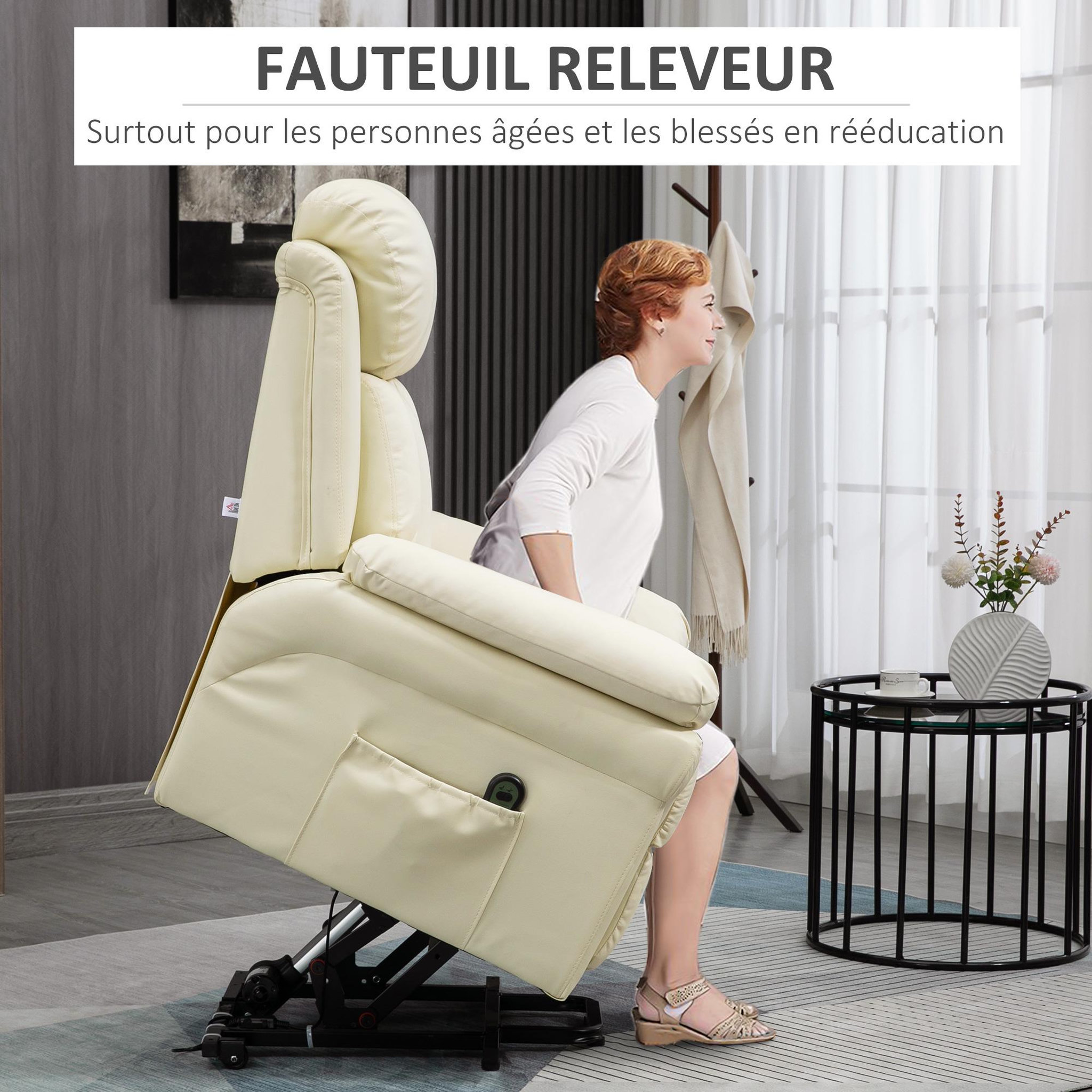 Voir la diapositive 5 : HOMCOM Fauteuil releveur inclinable avec repose-pied ajustable - fauteuil de relaxation électrique - revêtement synthétique crème