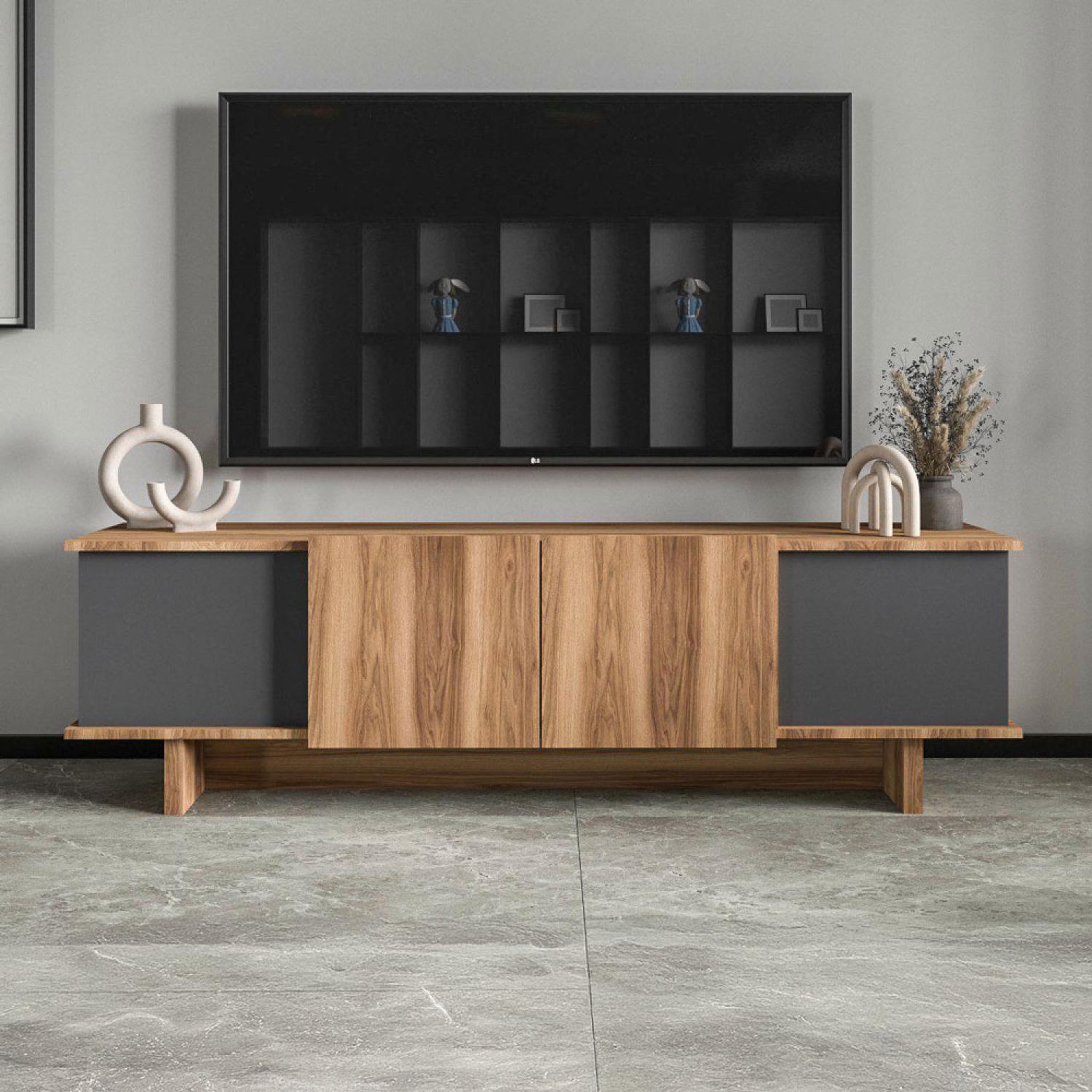 Voir la diapositive 2 : CONCEPT USINE Meuble tv design avec placards aspect bois et gris anthracite 180cm broni