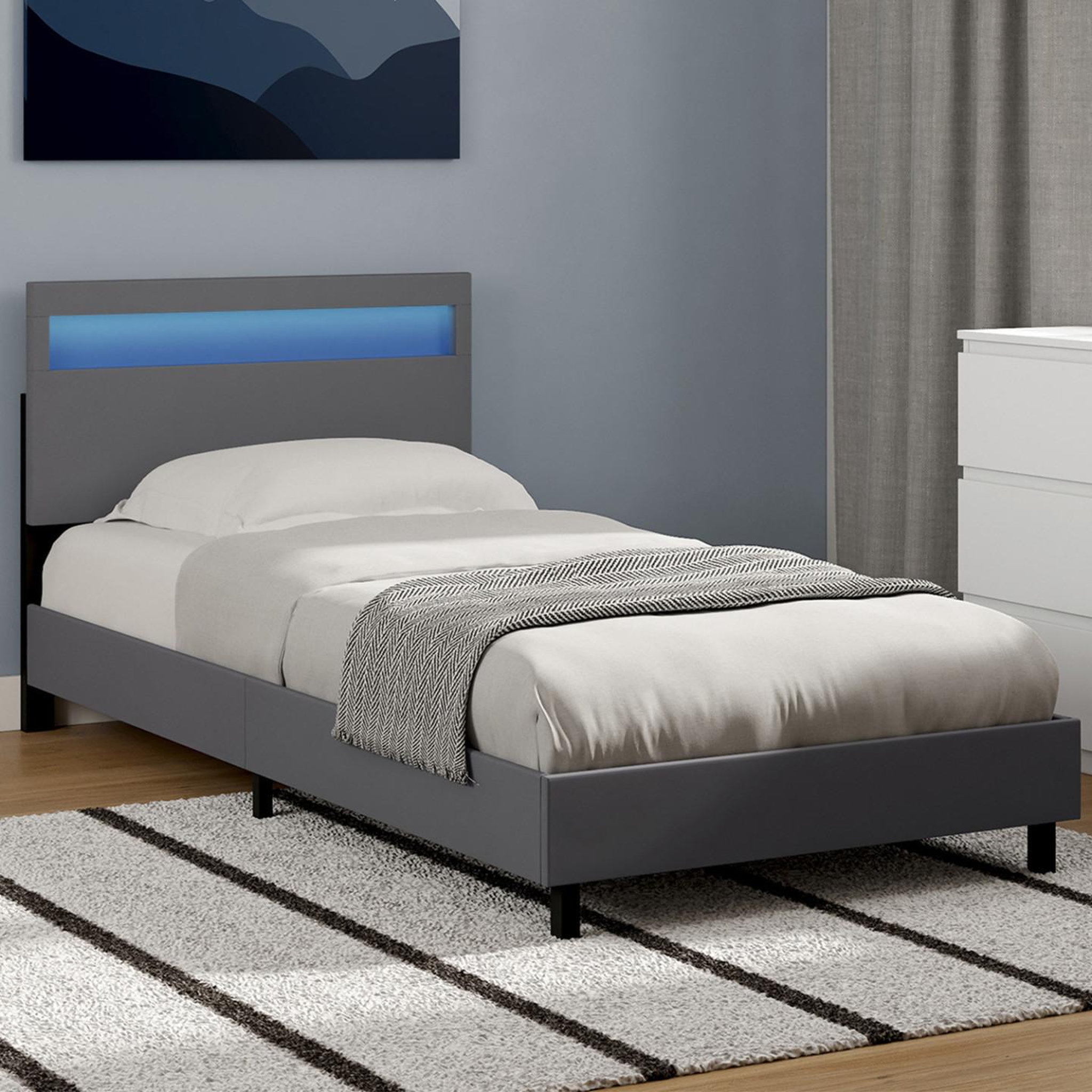 Voir la diapositive 2 : ID MARKET Lit simple neo avec tête de lit led intégrées et sommier 90 x 190 cm pvc gris
