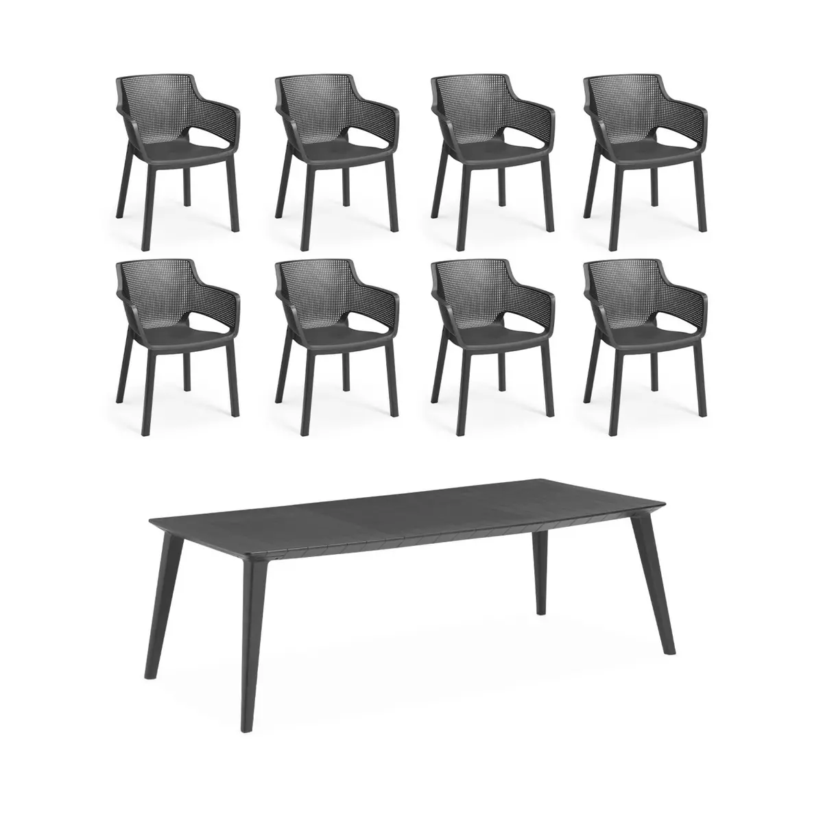 SWEEEK Table de jardin avec rallonge en résine de synthèse, Lima 240, Rectangulaire, 160 à 240cm + 8 fauteuils de jardin empilables Elisa