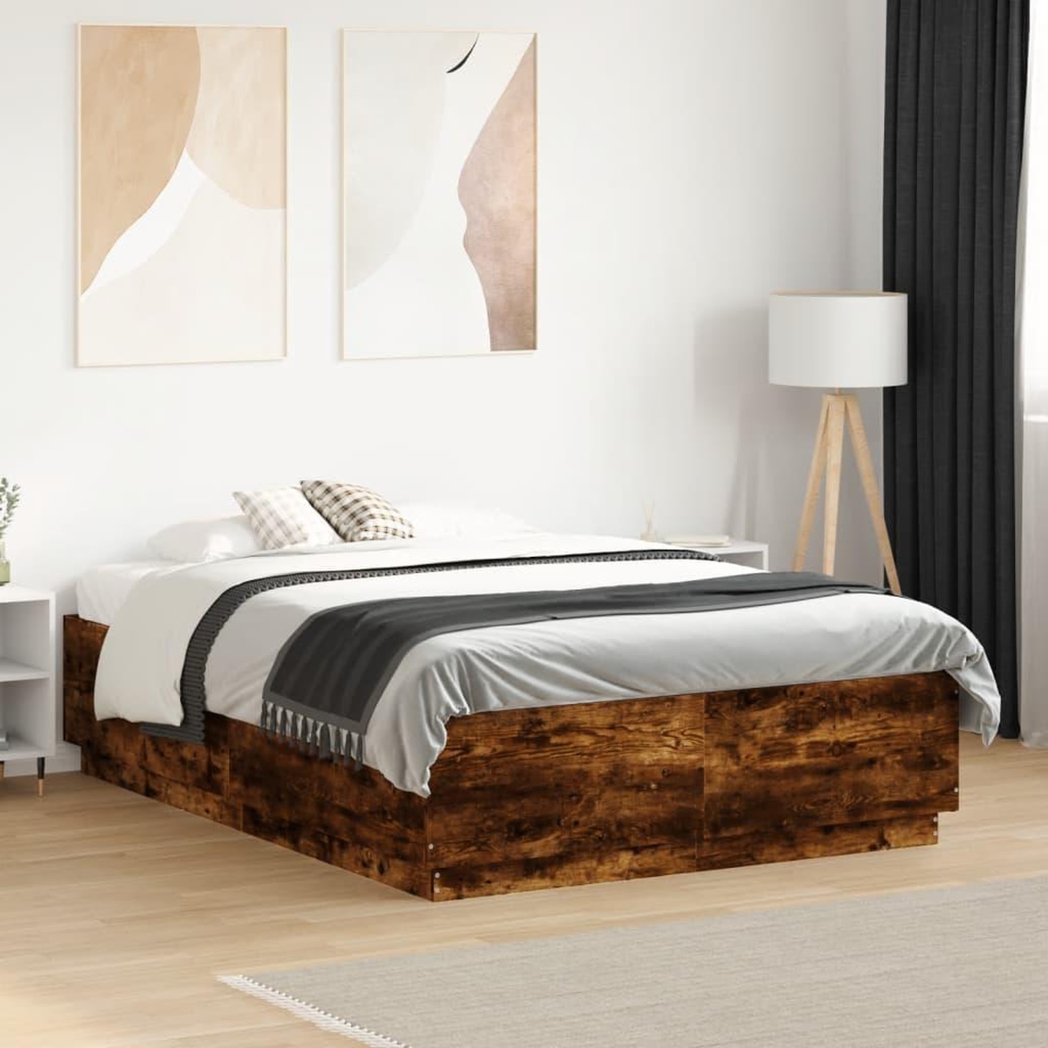 VIDAXL Cadre de lit avec LED sans matelas chene fume 135x190 cm