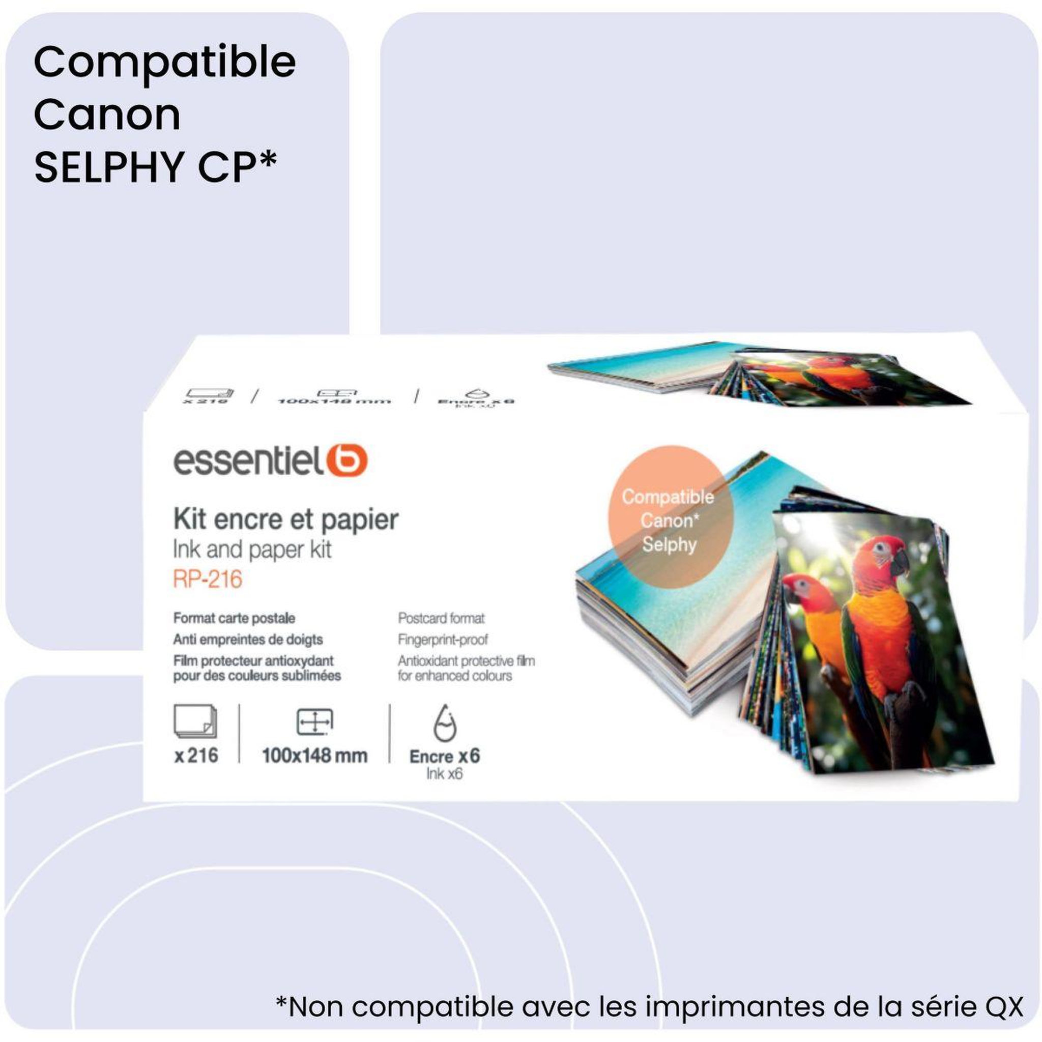 Voir la diapositive 2 : ESSENTIEL B Kit papier + encre compatible canon selphy kp-216 tirages