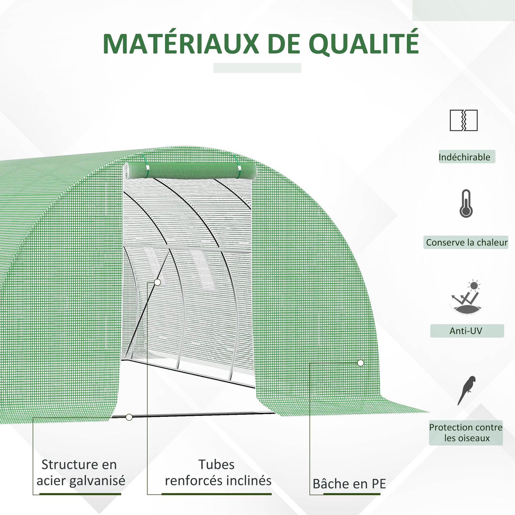 Voir la diapositive 4 : OUTSUNNY Serre de jardin tunnel 18 m² dim. 6l x 3l x 2h m - 8 fenêtres, porte zippée enroulable - châssis tubulaire acier galvanisé, bâche pe haute densité vert