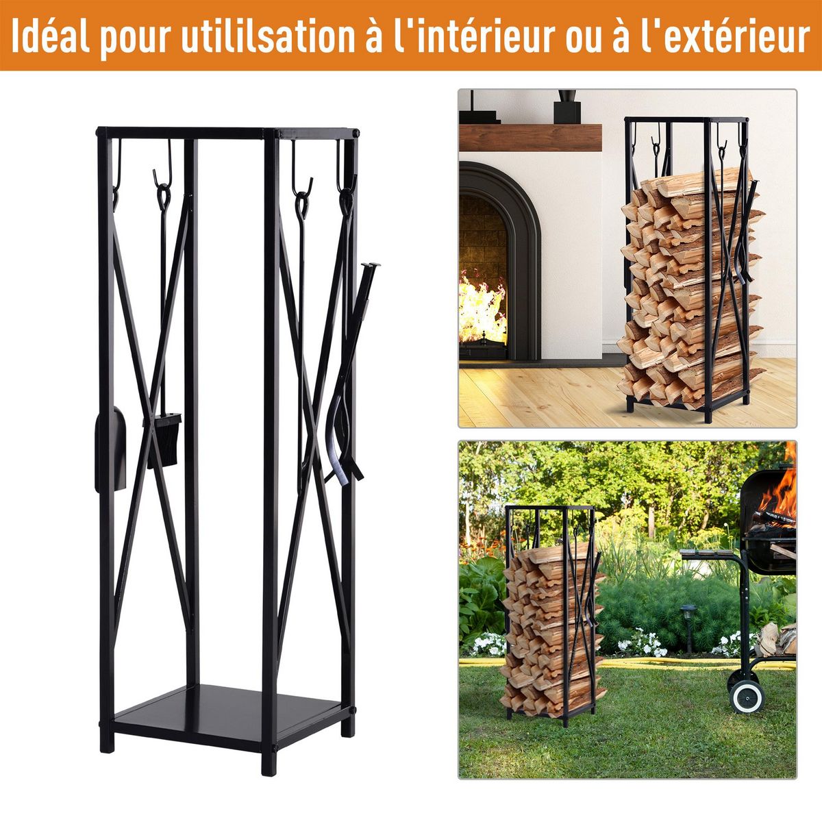 OUTSUNNY Serviteur de cheminée colonne - porte bûches - range bûches multi accessoires dim. 34L x 34l x 111H cm métal noir