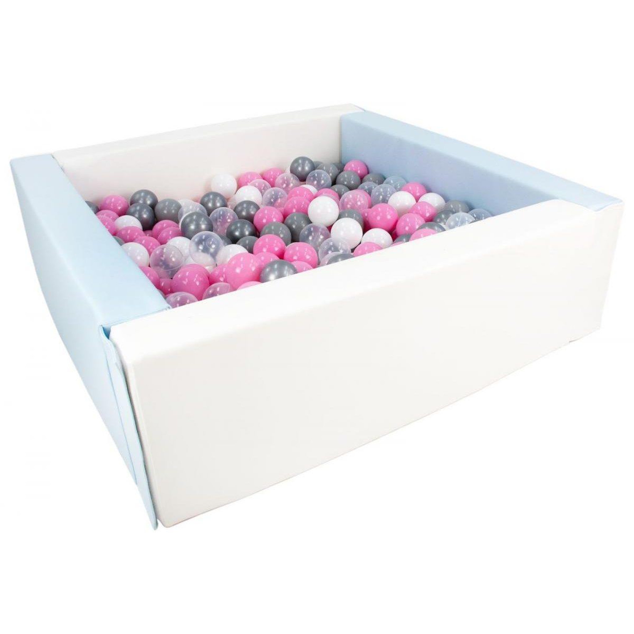 VELINDA Piscine à balles carrée avec 200 balles - blanc, bleu p/blanc, transparent, rose clair, gris, argent