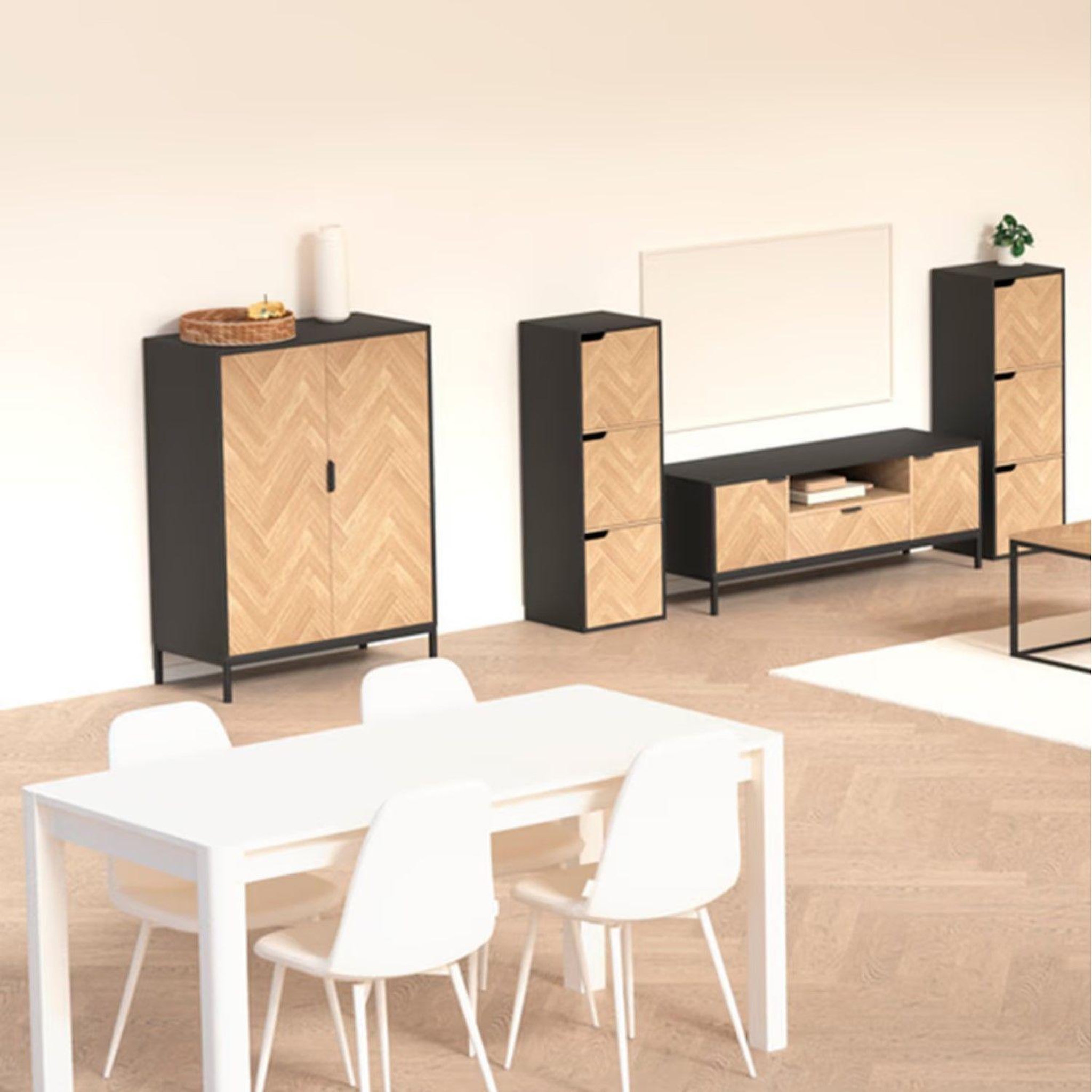 Voir la diapositive 2 : FIVE Buffet 2 portes en bois et métal chevrons - beige et noir