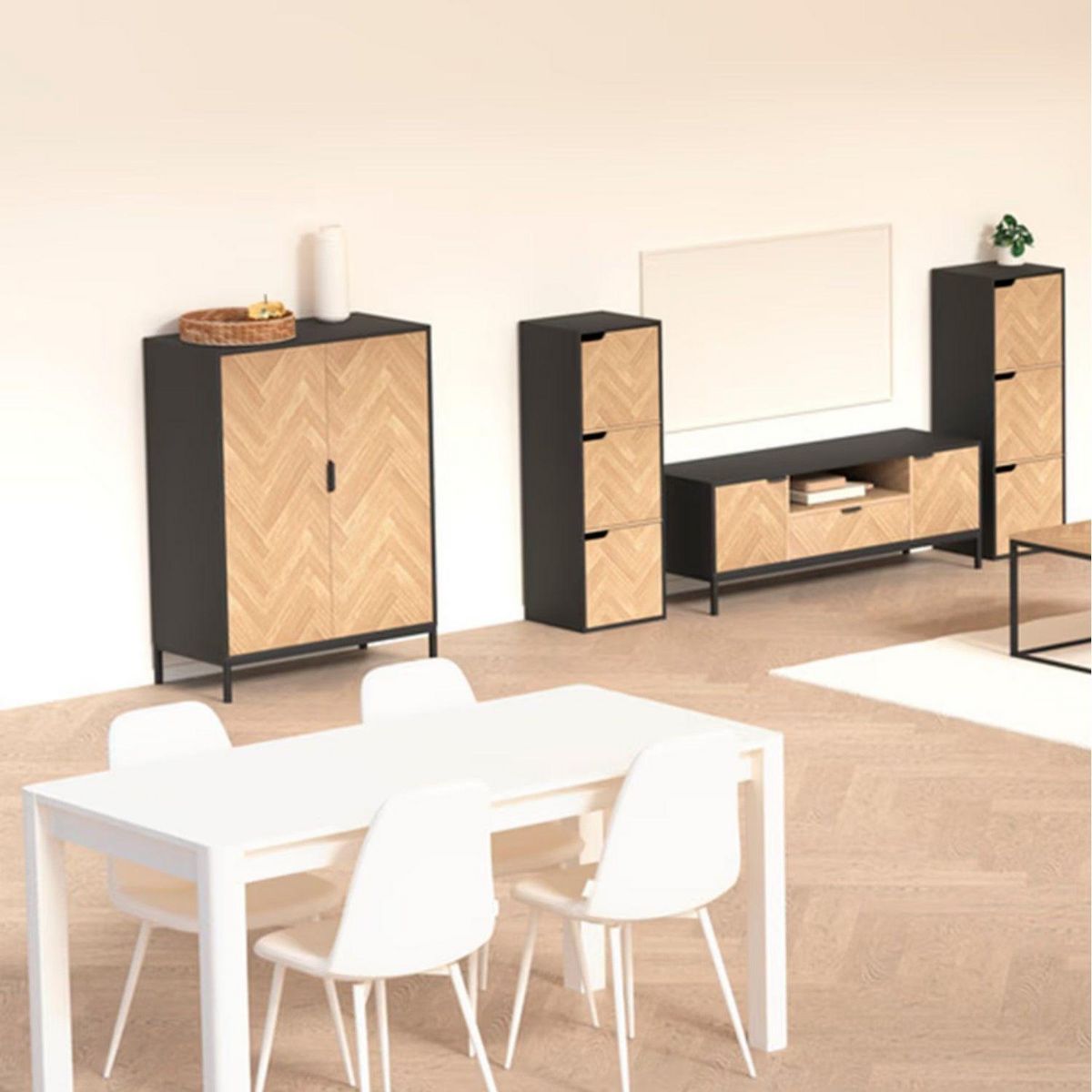FIVE Buffet 2 portes en bois et métal CHEVRONS - Beige et noir