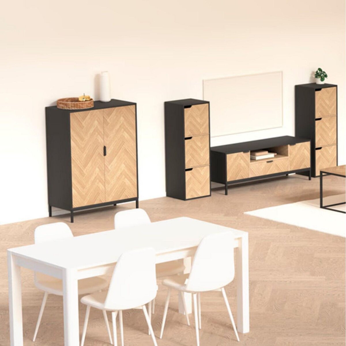 FIVE Buffet 2 portes en bois et métal CHEVRONS - Beige et noir