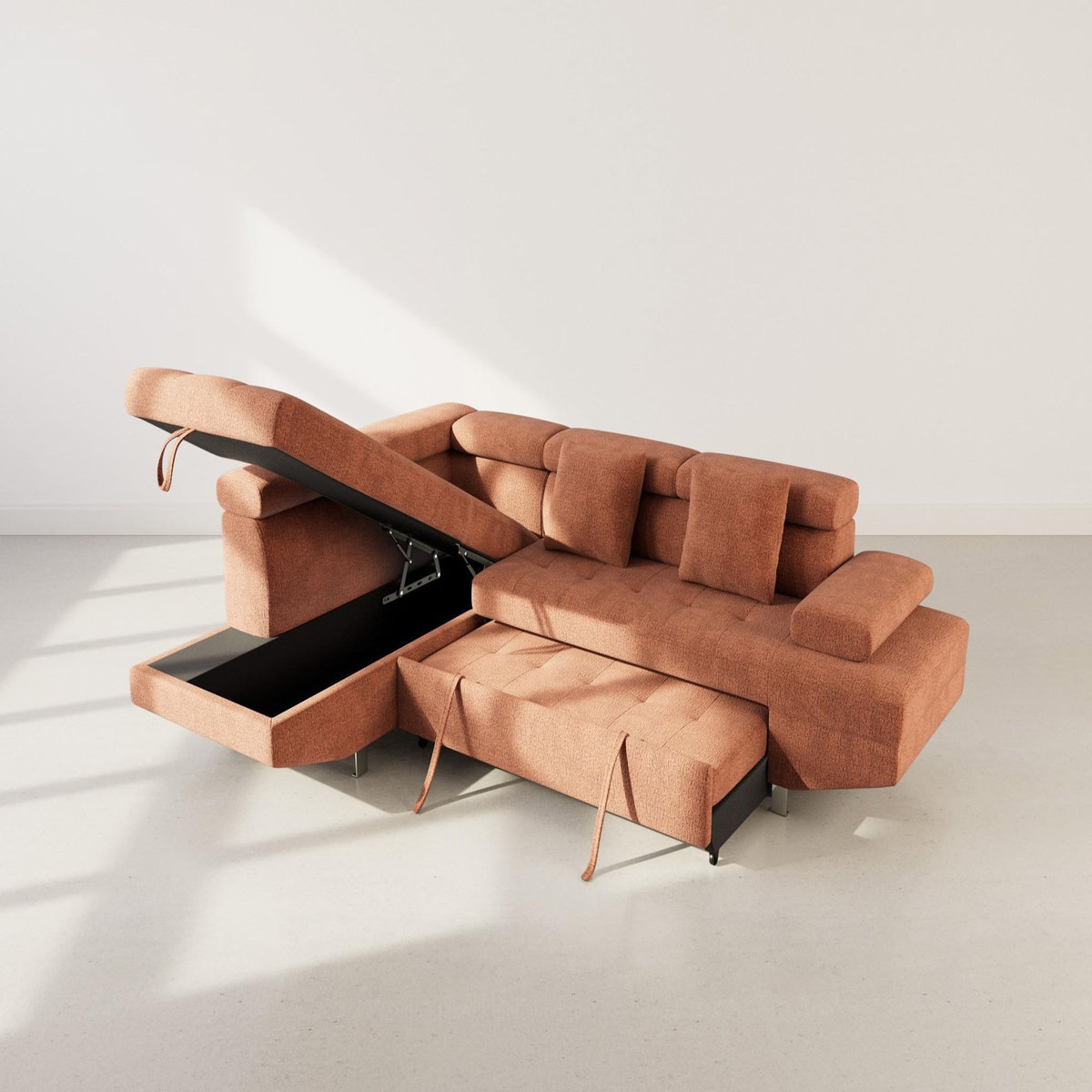 BEST MOBILIER Margaux - canapé d'angle gauche 5 places convertible avec coffre et têtières réglables en velours texturé