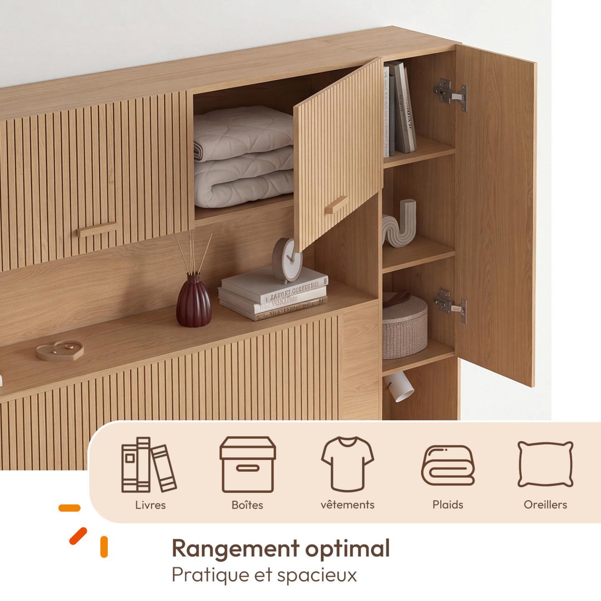 Voir la diapositive 4 : ID MARKET Pont de lit juliette 226 cm avec rangements effet lattes tasseau de bois