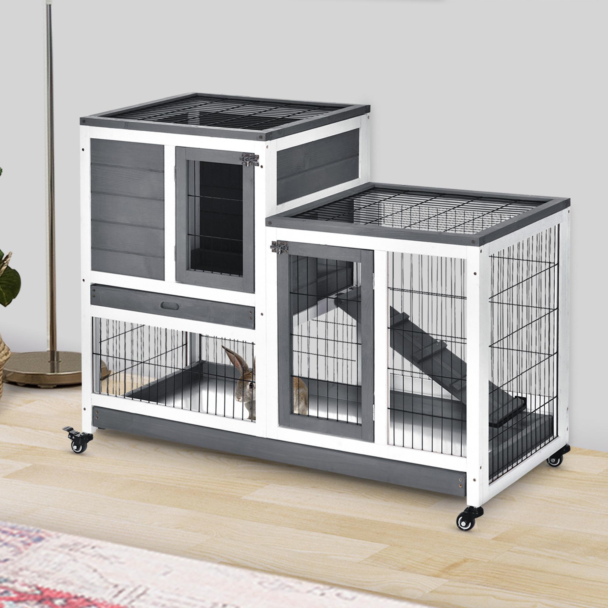 Voir la diapositive 6 : PAWHUT Clapier à lapin sur roulettes cage à lapin 2 étages 2 portes verrouillables 2 plateaux coulissants rampe bois de sapin gris blanc