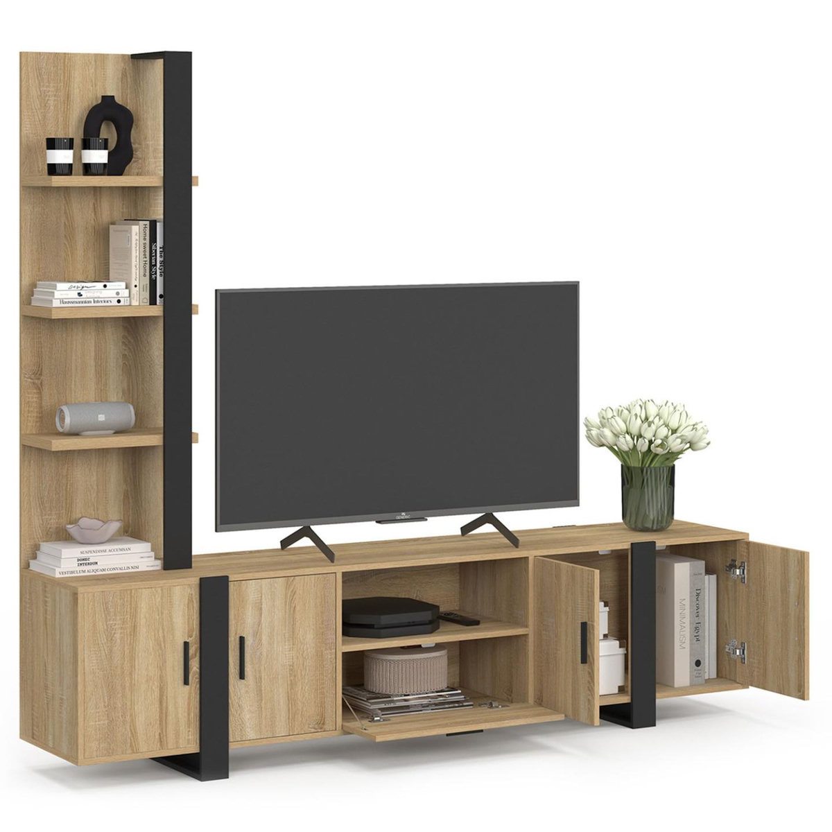 ID MARKET Ensemble meuble TV avec étagères et placard 200 cm PHOENIX bois et noir