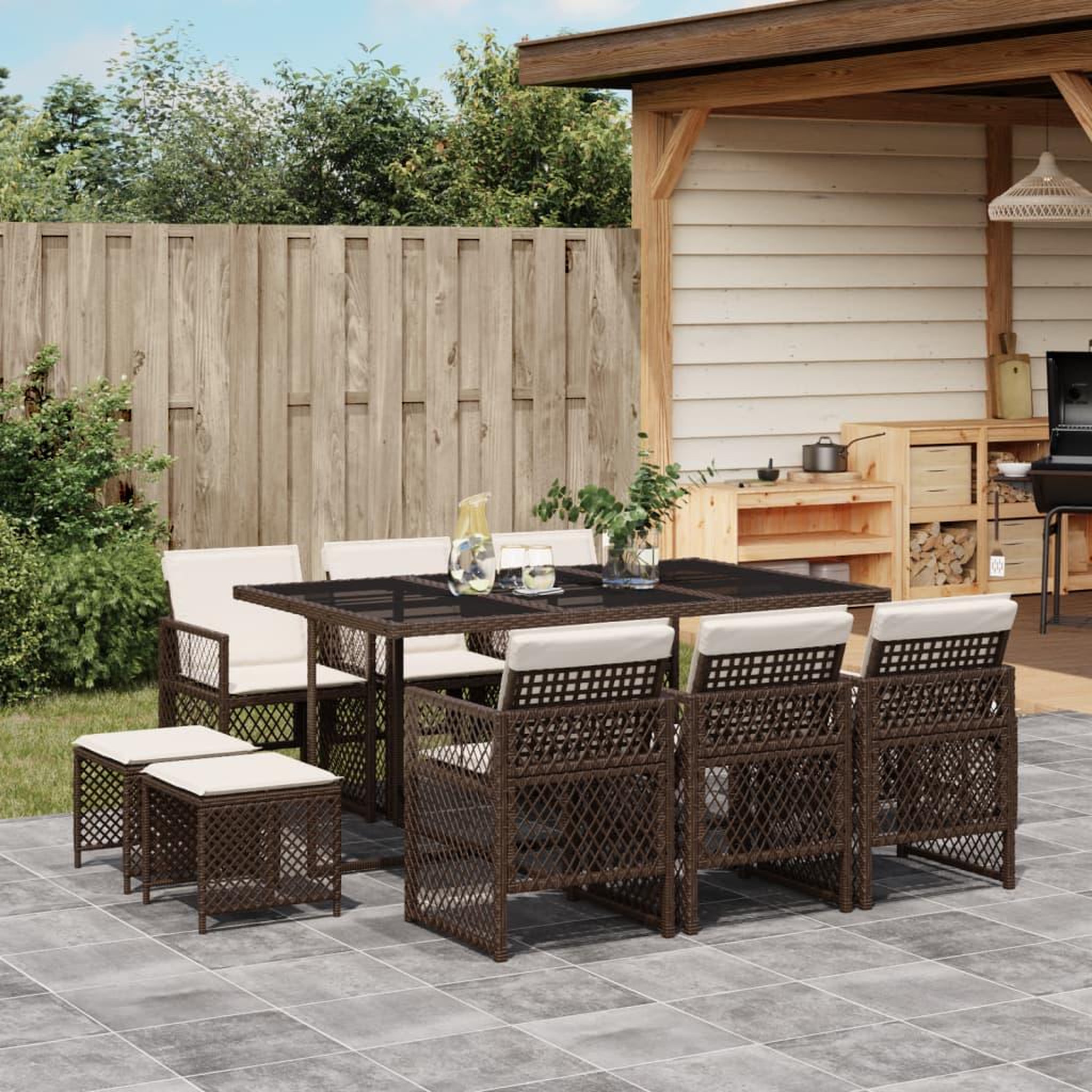 Voir la diapositive 1 : VIDAXL Ensemble a manger de jardin et coussins 11 pcs marron rotin