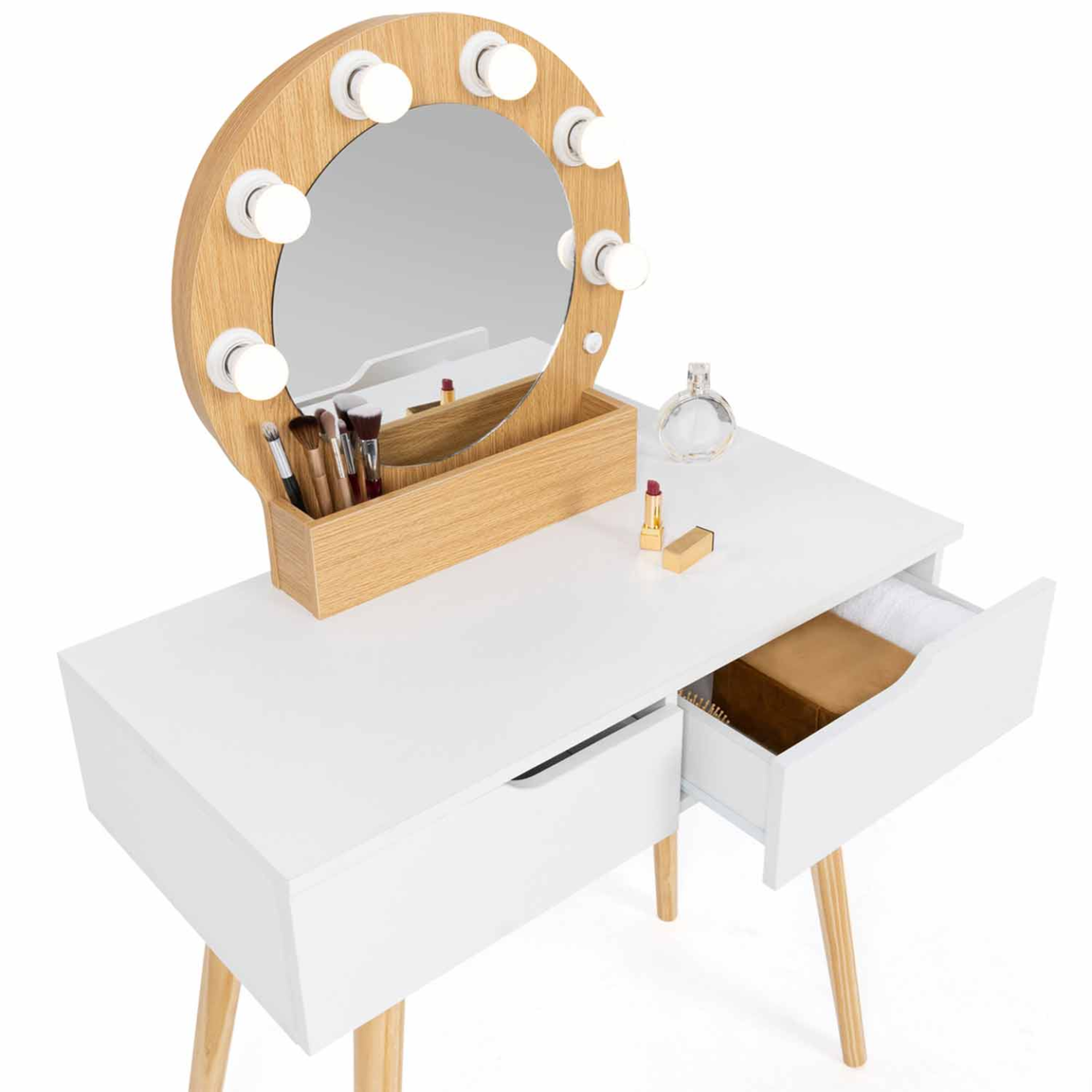 Voir la diapositive 6 : ID MARKET Coiffeuse scandinave 2 tiroirs horia bois et blanc avec miroir led