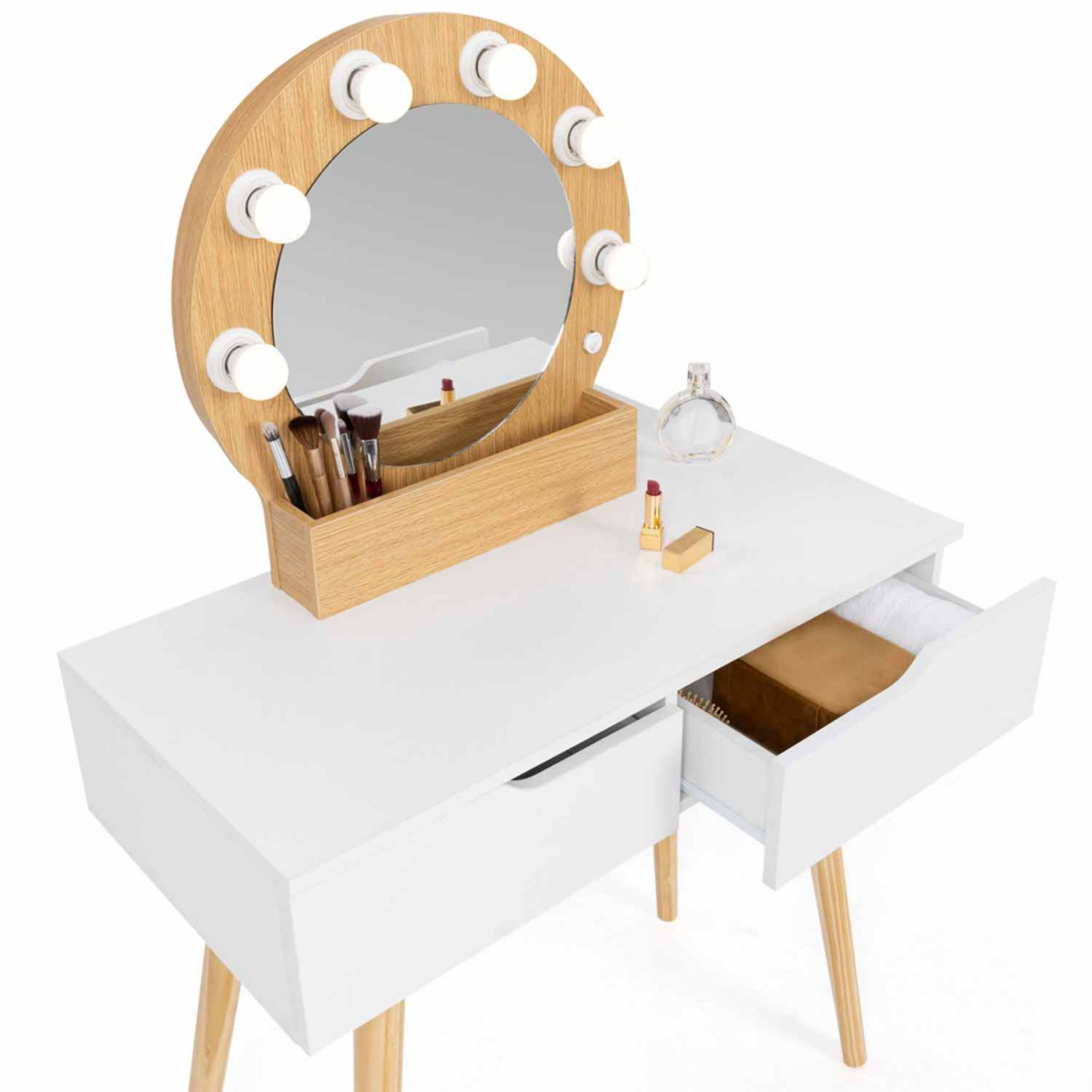 ID MARKET Coiffeuse scandinave 2 tiroirs HORIA bois et blanc avec miroir LED