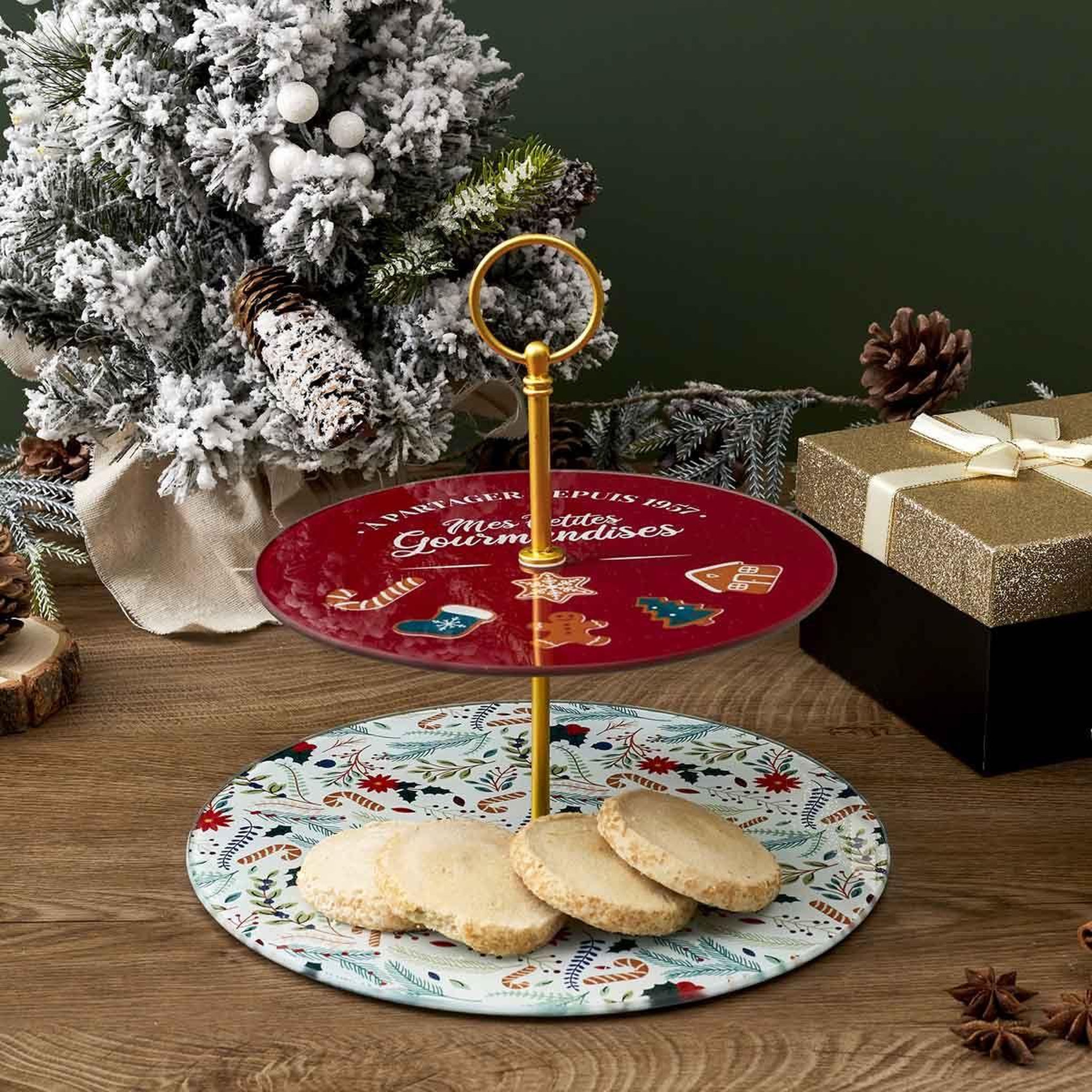 Voir la diapositive 2 : The Home Deco Factory Plateau de présentation double  noël  25cm rouge