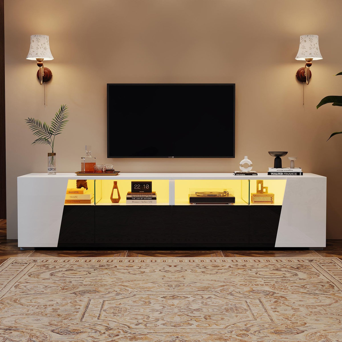MERAX Meuble tv blanc+noir 180 cm led mdf