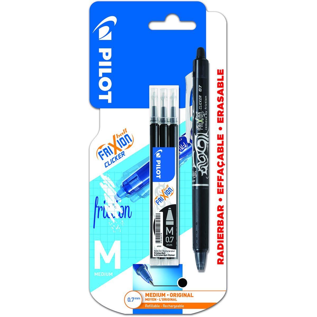 PILOT Lot 1 stylo effaçable pointe moyenne noir FriXion Ball Clicker + 3 recharges effaçables noires FriXion Ball 