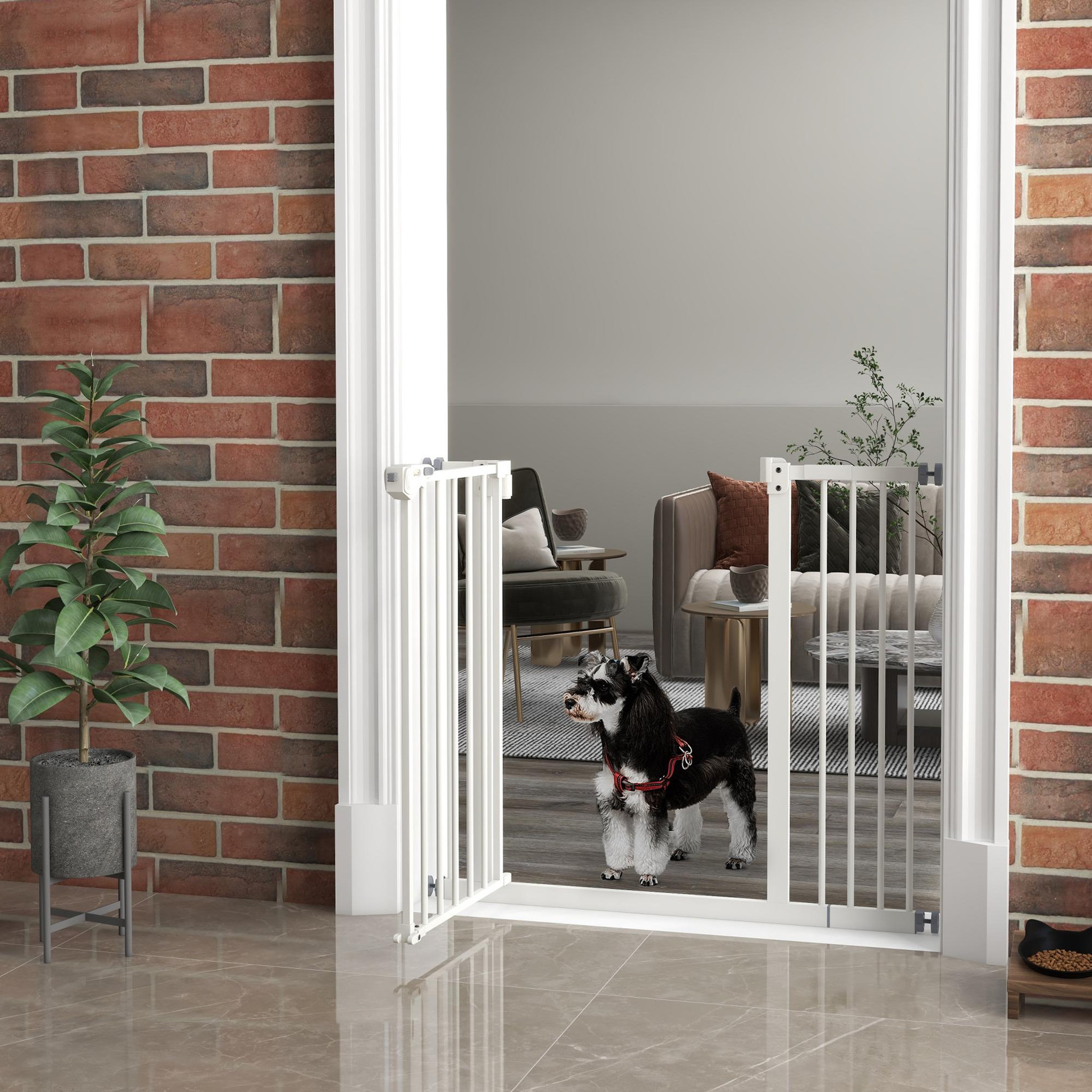 Voir la diapositive 5 : PAWHUT Barrière de sécurité chien - porte double verrouillage - l.94 cm max. - sans perçage - métal blanc