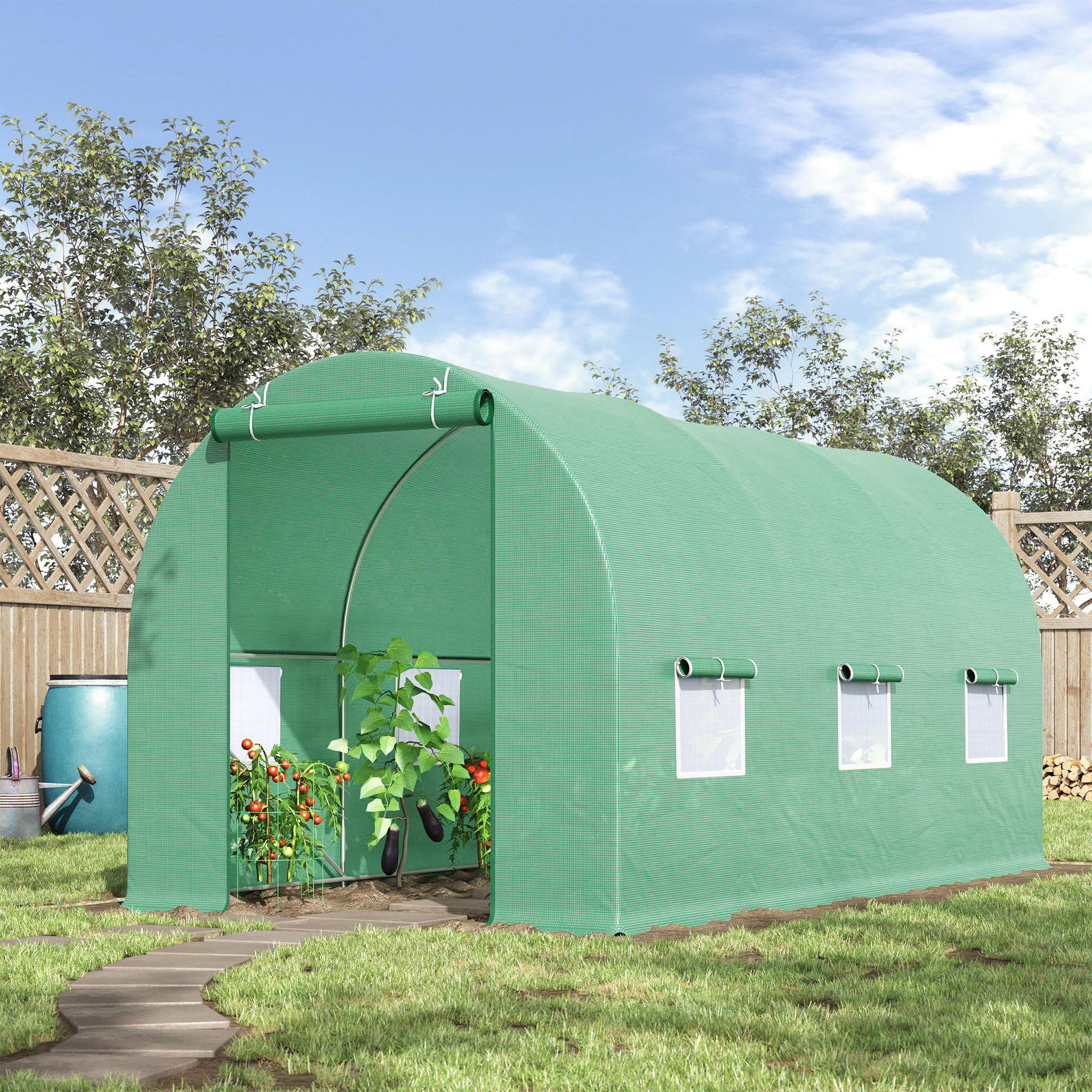 Voir la diapositive 2 : OUTSUNNY Serre de jardin tunnel 4,5l x 2l x 2h m châssis tubulaire acier galvanisé renforcé 1,8 cm 6 fenêtres 1 porte vert