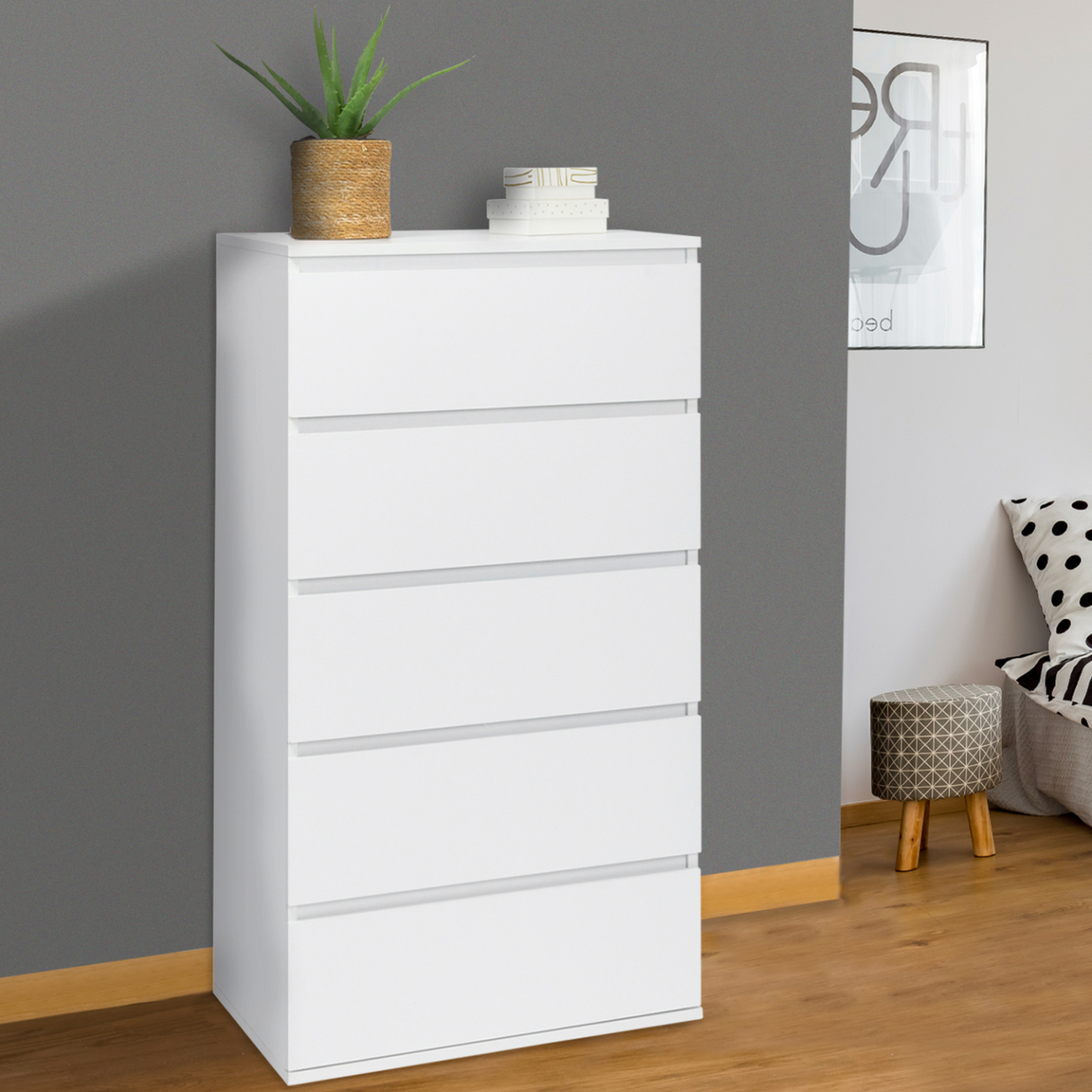 Voir la diapositive 2 : ID MARKET Chiffonnier 5 tiroirs tomi 60x40x100 cm commode semainier bois blanc