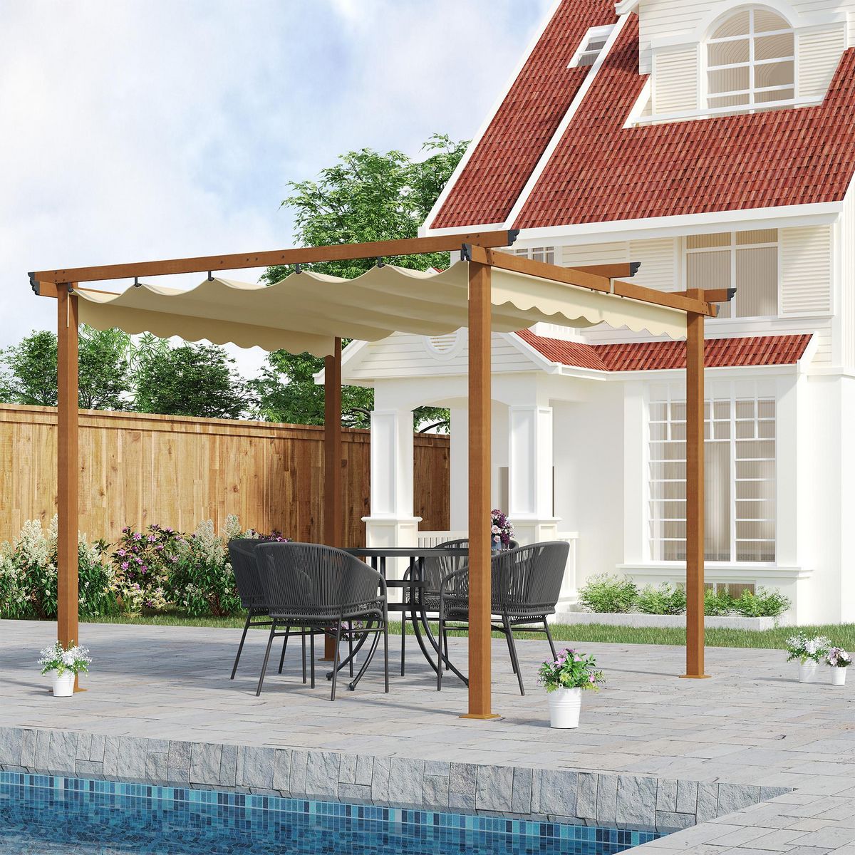OUTSUNNY Pergola rétractable 3L x 3l x 2,25H m structure alu. aspect bois toile polyester haute densité beige