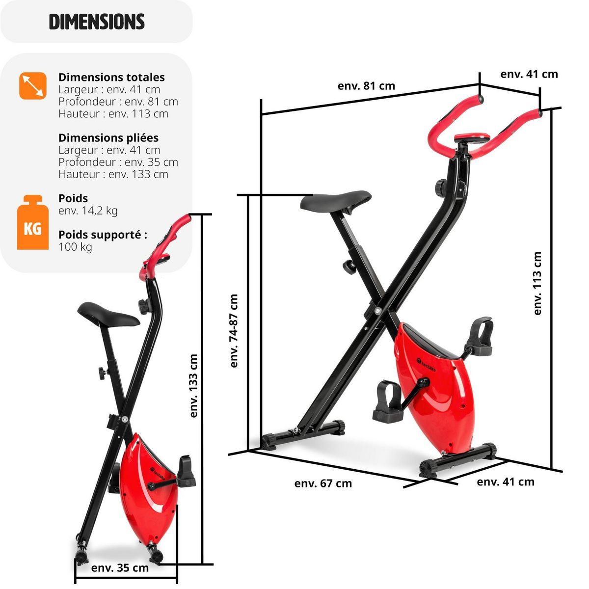 tectake Vélo d'appartement pliable avec 8 niveaux de difficulté noir 113 x 41 x 81 cm