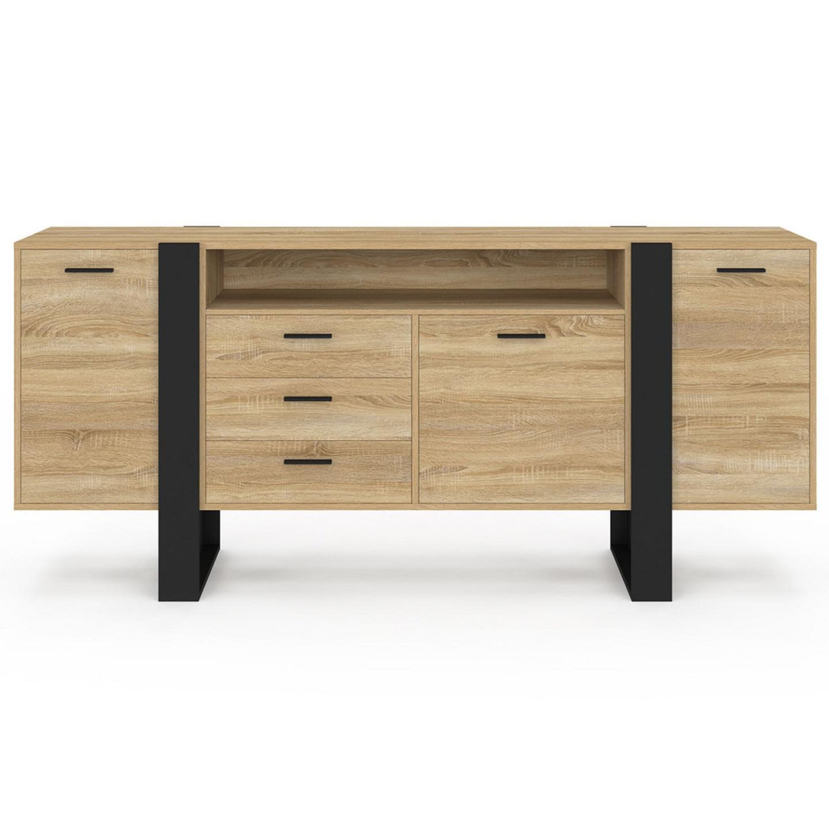 ID MARKET Buffet 180 cm PHOENIX XXL 3 portes et 3 tiroirs avec niche bois et noir