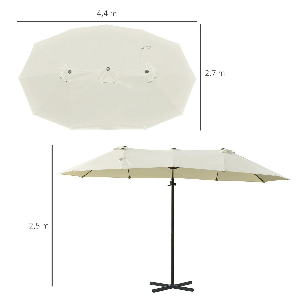 OUTSUNNY Parasol déporté grande taille XXL inclinable dim. 4,4L x 2,7l x 2,5H m piètement en acier inclus polyester crème