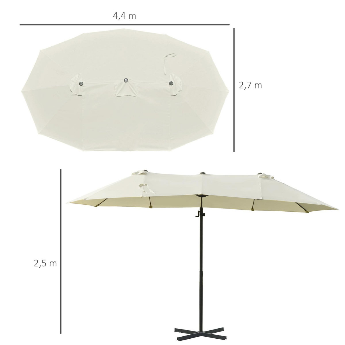 OUTSUNNY Parasol déporté grande taille XXL inclinable dim. 4,4L x 2,7l x 2,5H m piètement en acier inclus polyester crème