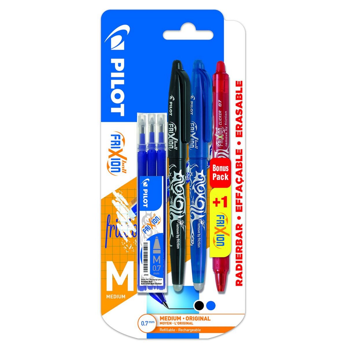 PILOT Lot de 3 stylos effaçables pointe moyenne noir/rouge/bleu