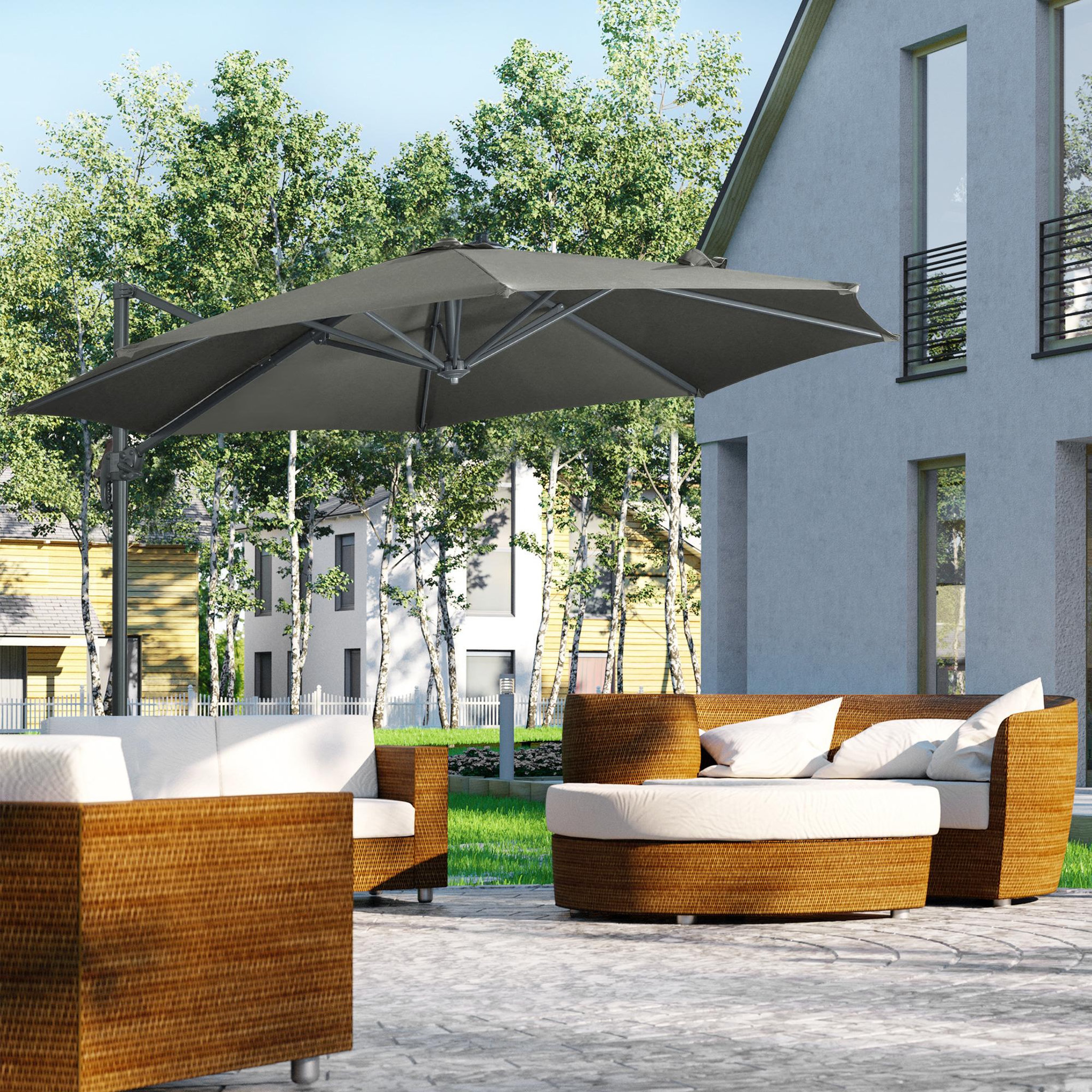 Voir la diapositive 2 : OUTSUNNY Parasol déporté octogonal inclinable manivelle avec pied en acier Ø 2,94 x 2,48H m gris