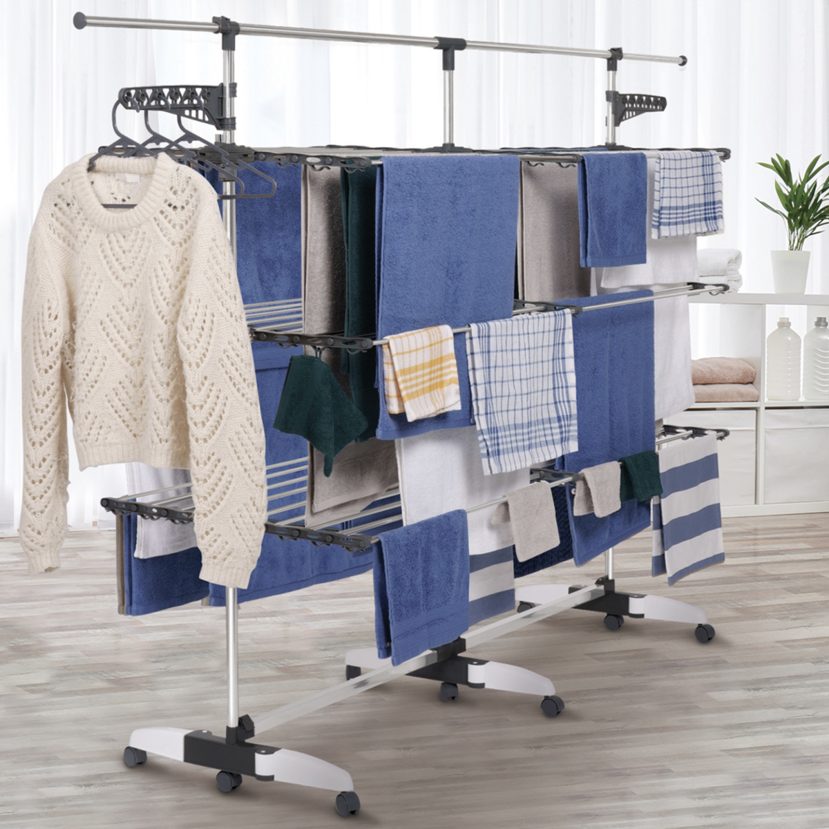 ID MARKET Séchoir à linge vertical pliable 3 niveaux SUPRA capacité 50M avec tringle télescopique blanc et gris