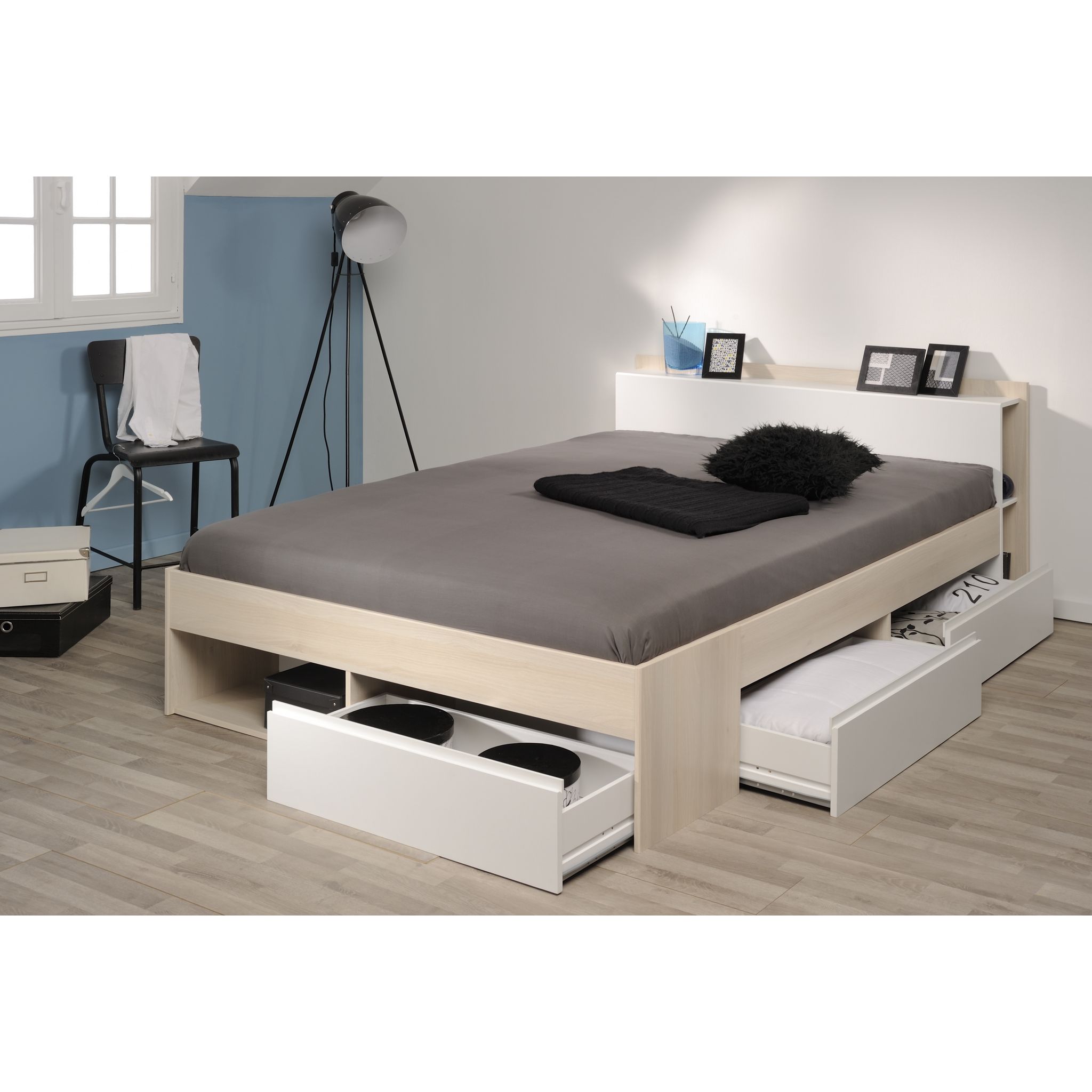 Lit double adulte 160x200 cm avec rangements BOOST