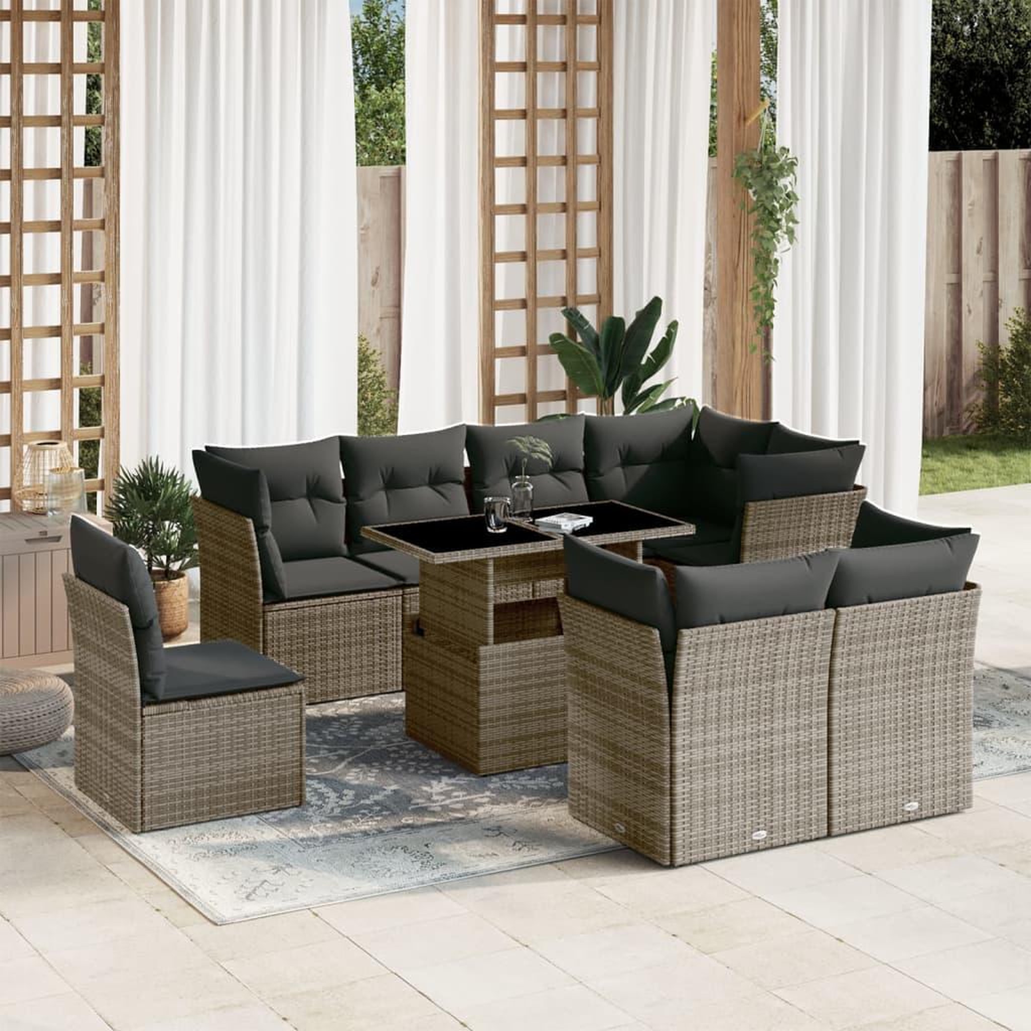 VIDAXL Salon de jardin 9 pcs avec coussins gris resine tressee