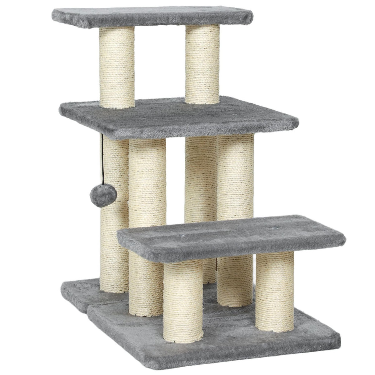 PAWHUT Escalier pour chat 3 marches - 6 poteaux griffoirs, jeu boule suspendue - sisal peluche gris