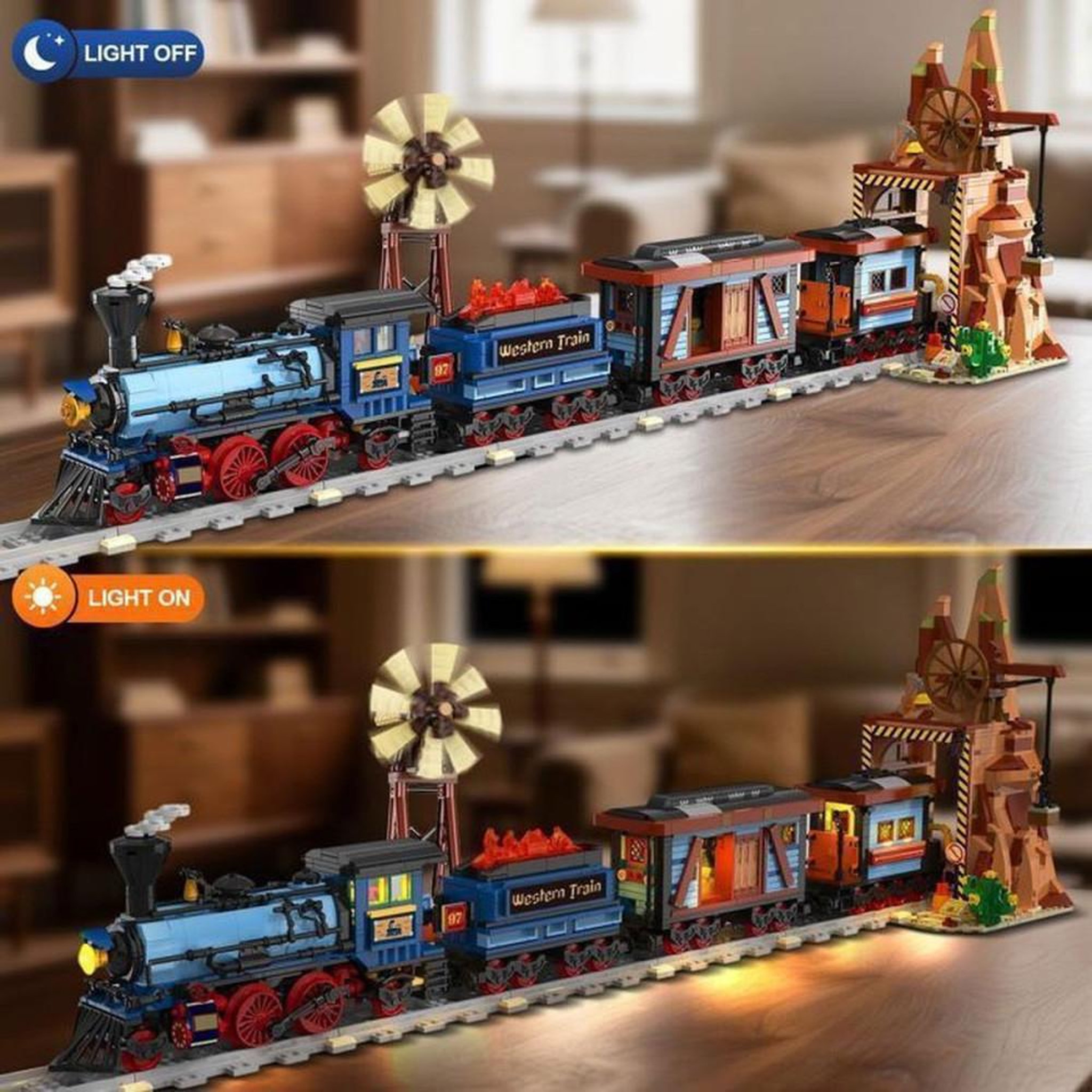 Voir la diapositive 3 : Ensemble de construction train statique Far West 1912 pièces avec rails vintage, moulin à vent rotatif, château d'eau rustique et éclairage LED
