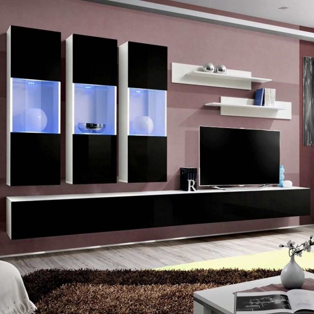 Paris Prix Meuble TV Mural Design  Fly II  320cm Noir & Blanc