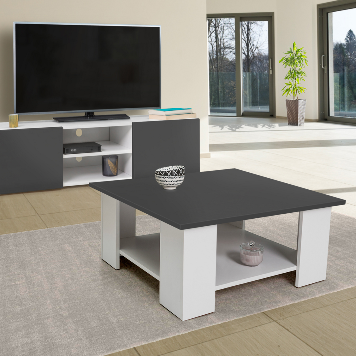 ID MARKET Meuble TV 113 cm ELI blanc portes gris anthracite